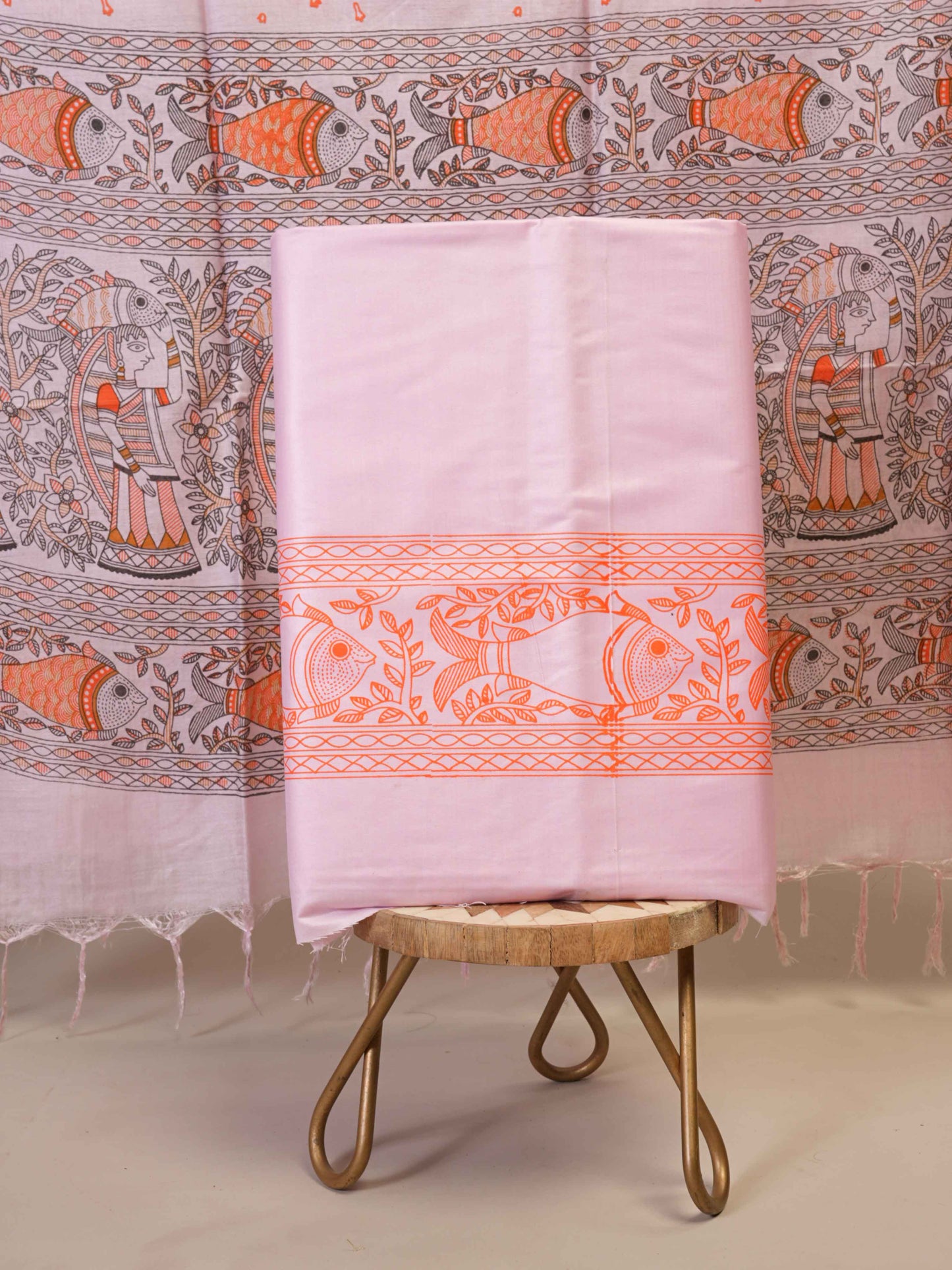 Anuttara Women's Madhubani Pink::Orange Katan Staple Trible, Fish Print Kurta, Bottom & Dupatta Set (Unstitched)_AFK1003-FS