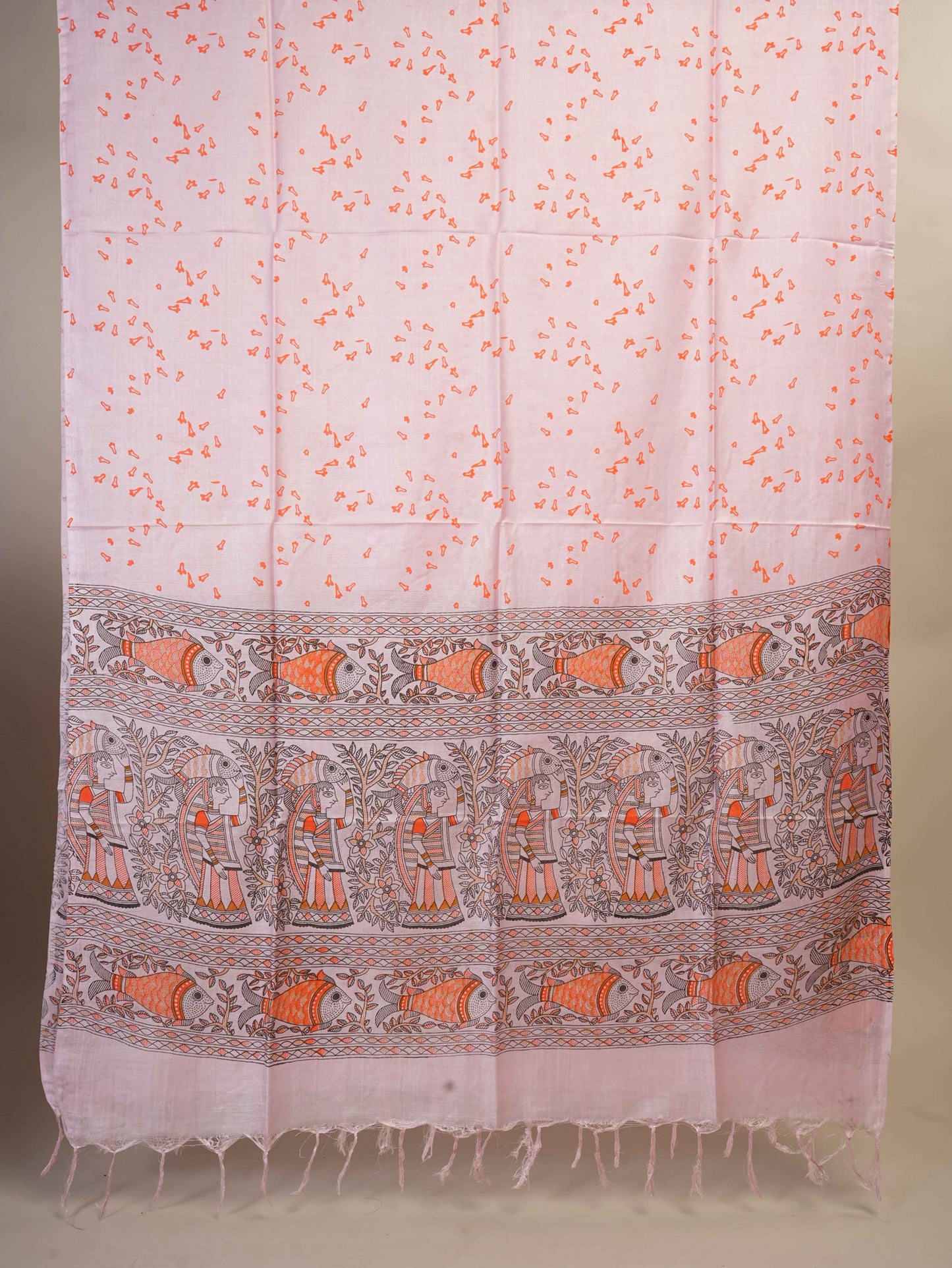 Anuttara Women's Madhubani Pink::Orange Katan Staple Trible, Fish Print Kurta, Bottom & Dupatta Set (Unstitched)_AFK1003-FS