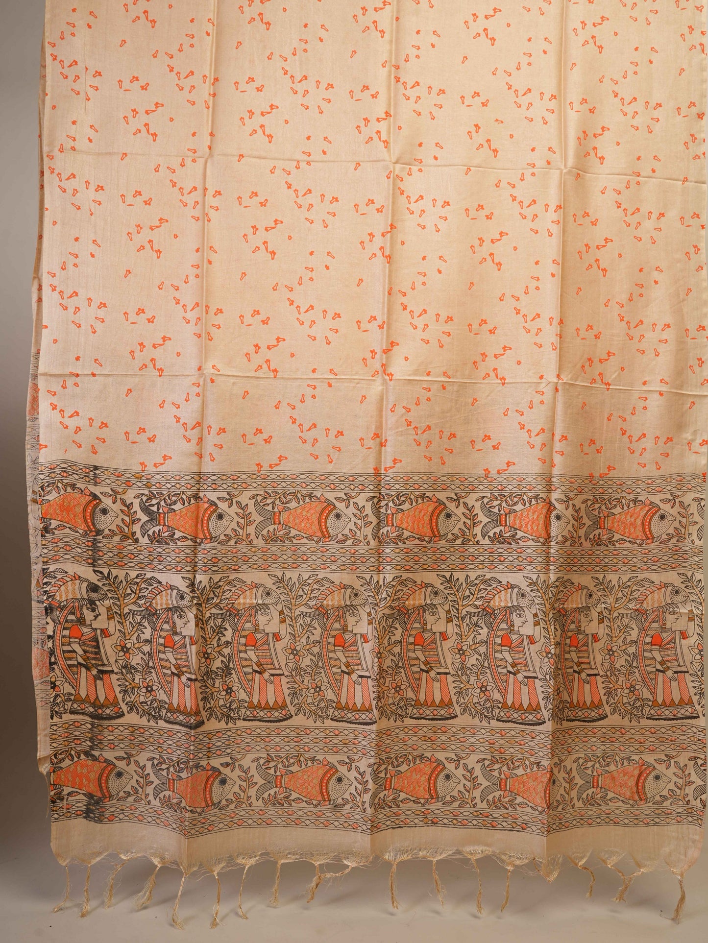 Anuttara Women's Madhubani Beige::Orange Katan Staple Trible, Fish Print Kurta, Bottom & Dupatta Set (Unstitched)_AFK1005-FS