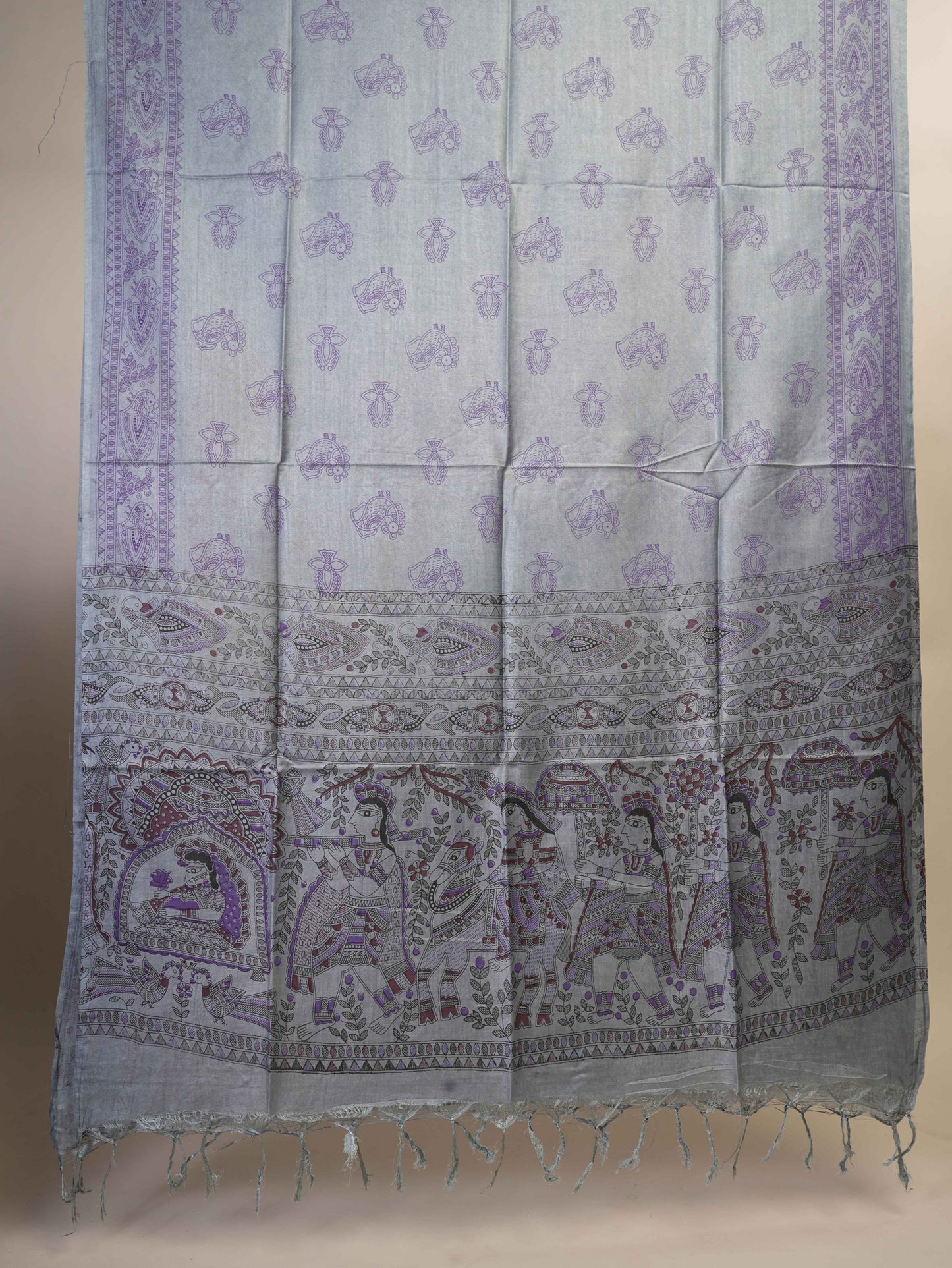 Anuttara Women's Madhubani Grey::Purple Katan Staple Trible, Animal, Fish, Floral Kurta, Bottom & Dupatta Set (Unstitched)_AFK1015-FS