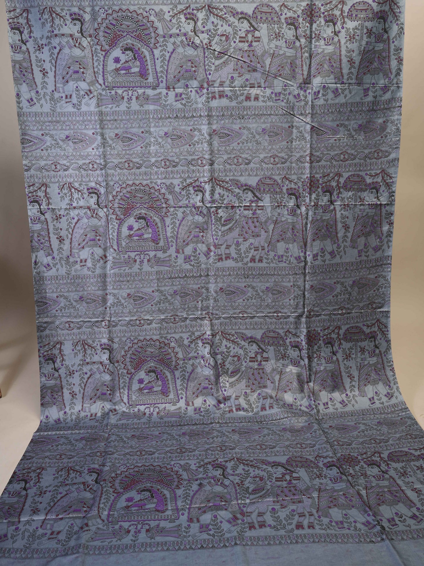 Anuttara Women's Madhubani Grey::Purple Katan Staple Trible, Animal, Fish, Floral Kurta, Bottom & Dupatta Set (Unstitched)_AFK1015-FS