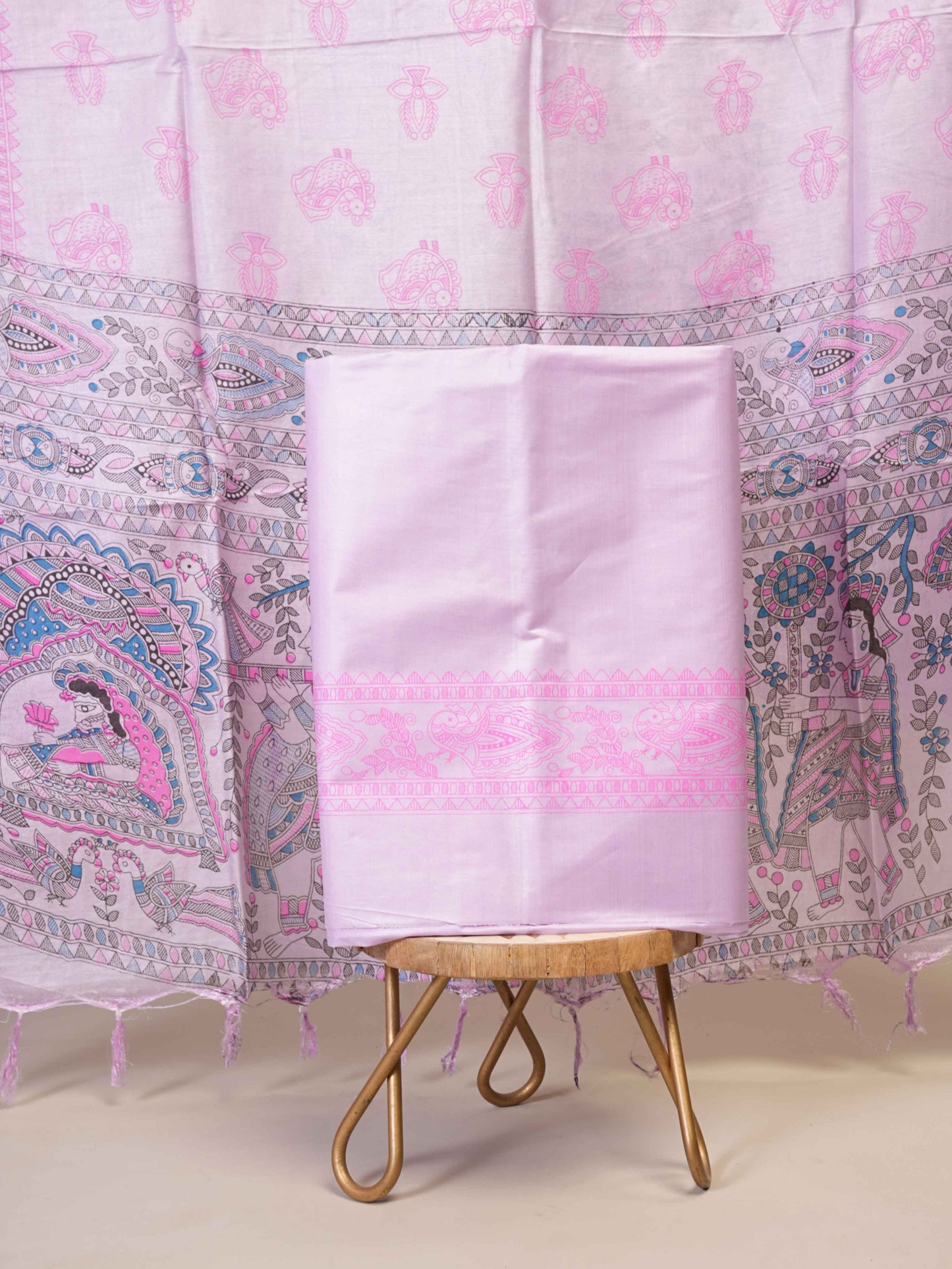 Anuttara Women's Madhubani Lavender::Pink Katan Staple Trible, Animal, Fish, Floral Kurta, Bottom & Dupatta Set (Unstitched)_AFK1017-FS