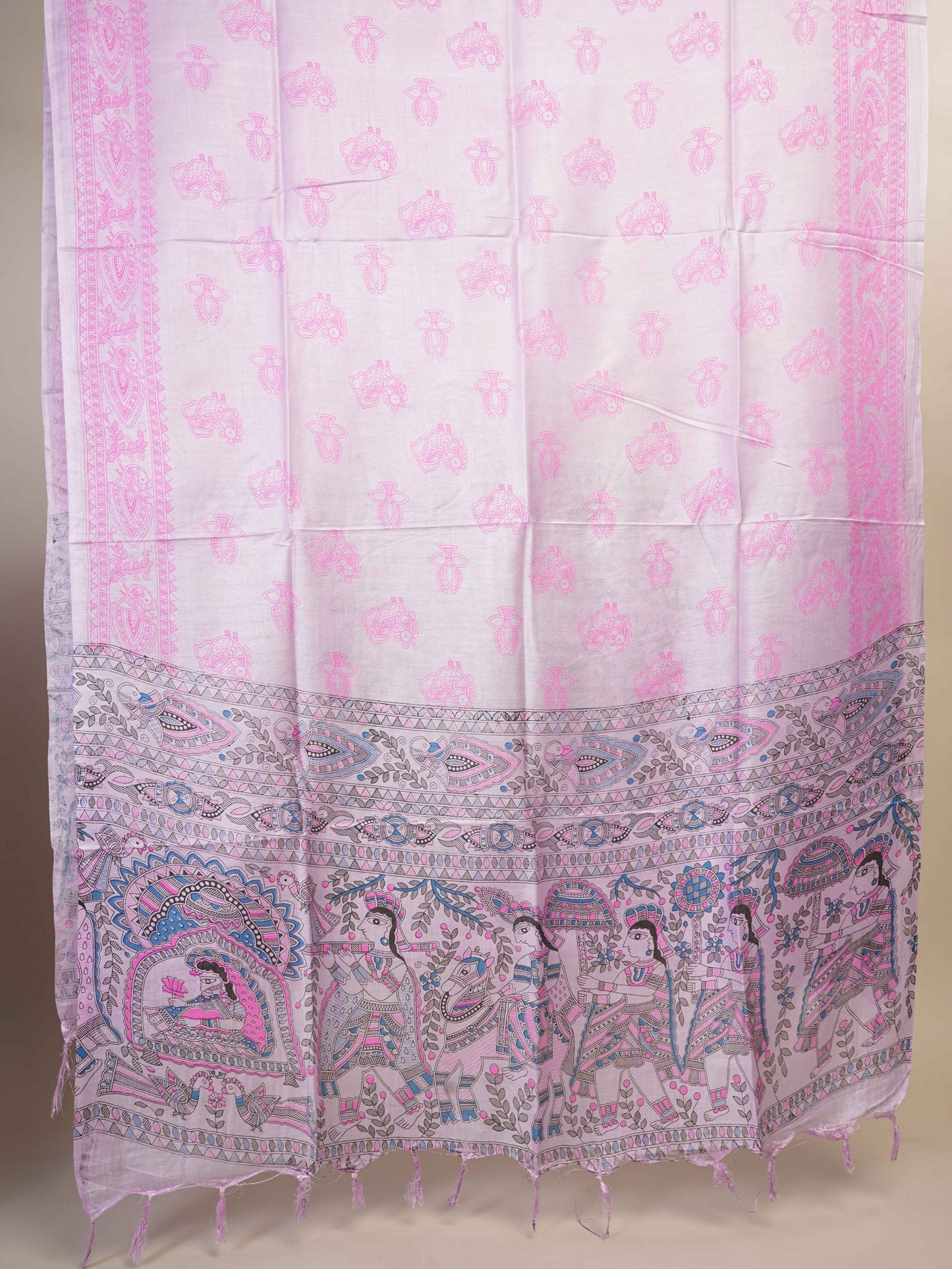 Anuttara Women's Madhubani Lavender::Pink Katan Staple Trible, Animal, Fish, Floral Kurta, Bottom & Dupatta Set (Unstitched)_AFK1017-FS