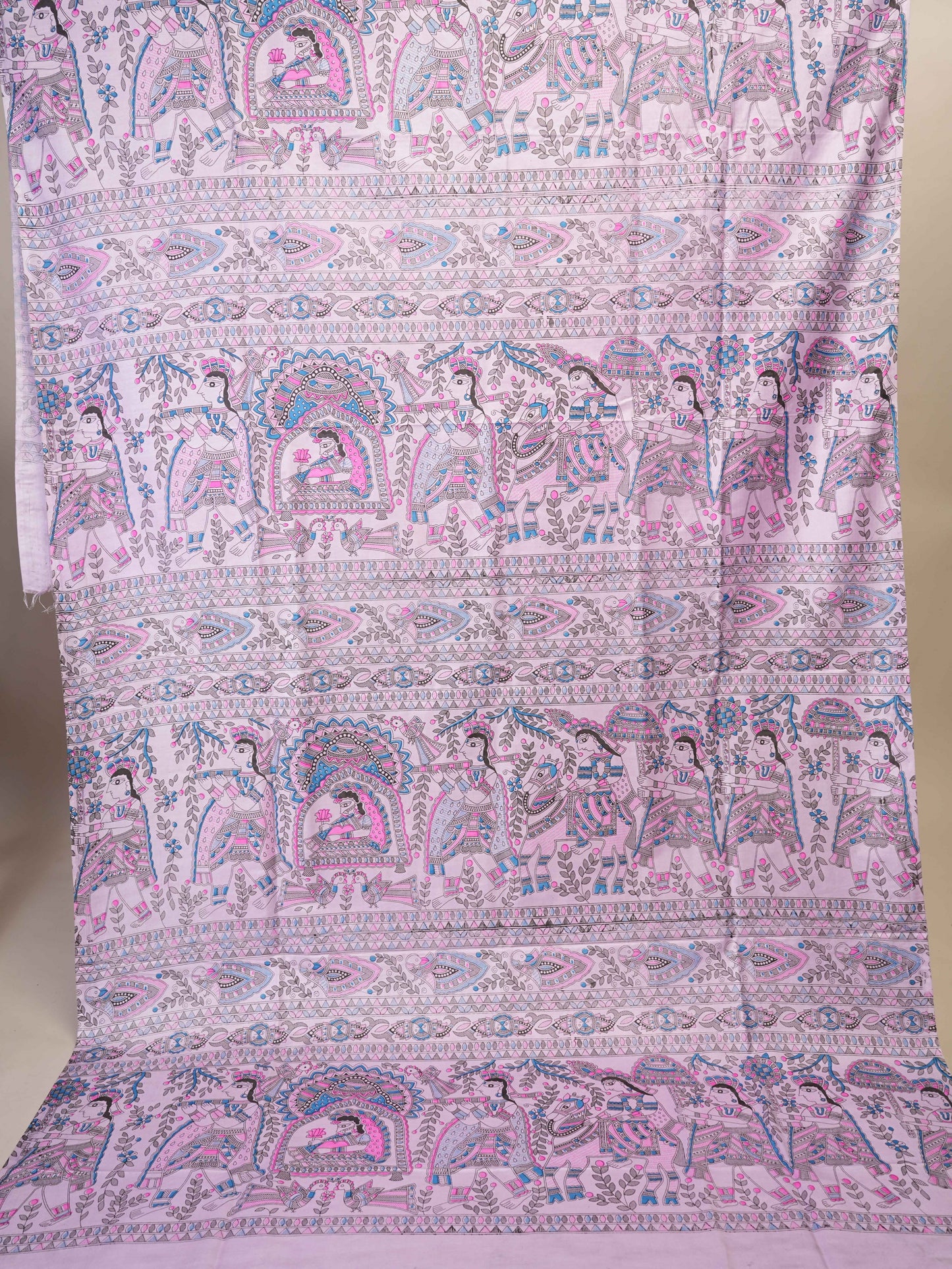Anuttara Women's Madhubani Lavender::Pink Katan Staple Trible, Animal, Fish, Floral Kurta, Bottom & Dupatta Set (Unstitched)_AFK1017-FS