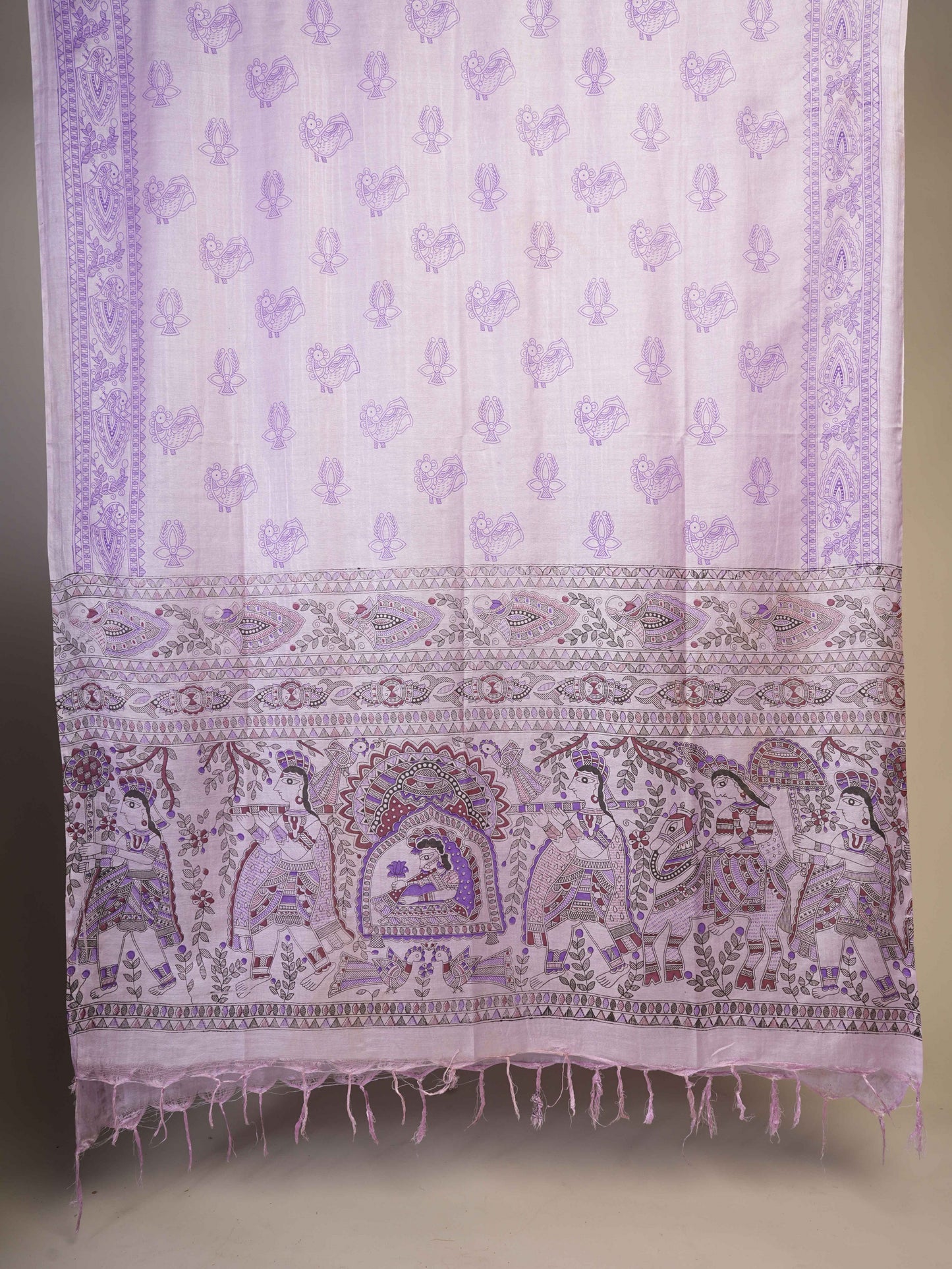 Anuttara Women's Madhubani Lavender::Purple Katan Staple Trible, Animal, Fish, Floral Kurta, Bottom & Dupatta Set (Unstitched)_AFK1018-FS