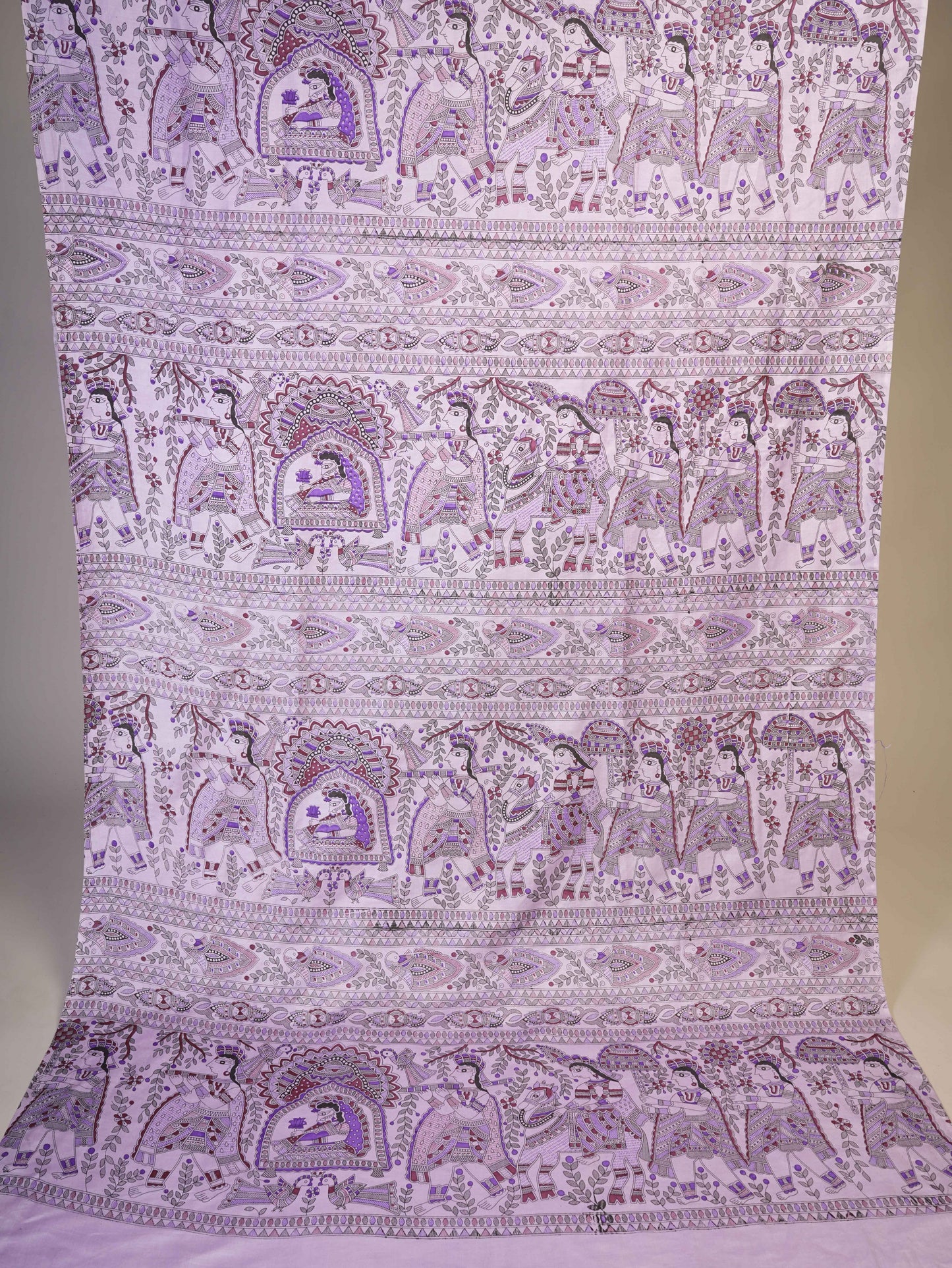 Anuttara Women's Madhubani Lavender::Purple Katan Staple Trible, Animal, Fish, Floral Kurta, Bottom & Dupatta Set (Unstitched)_AFK1018-FS