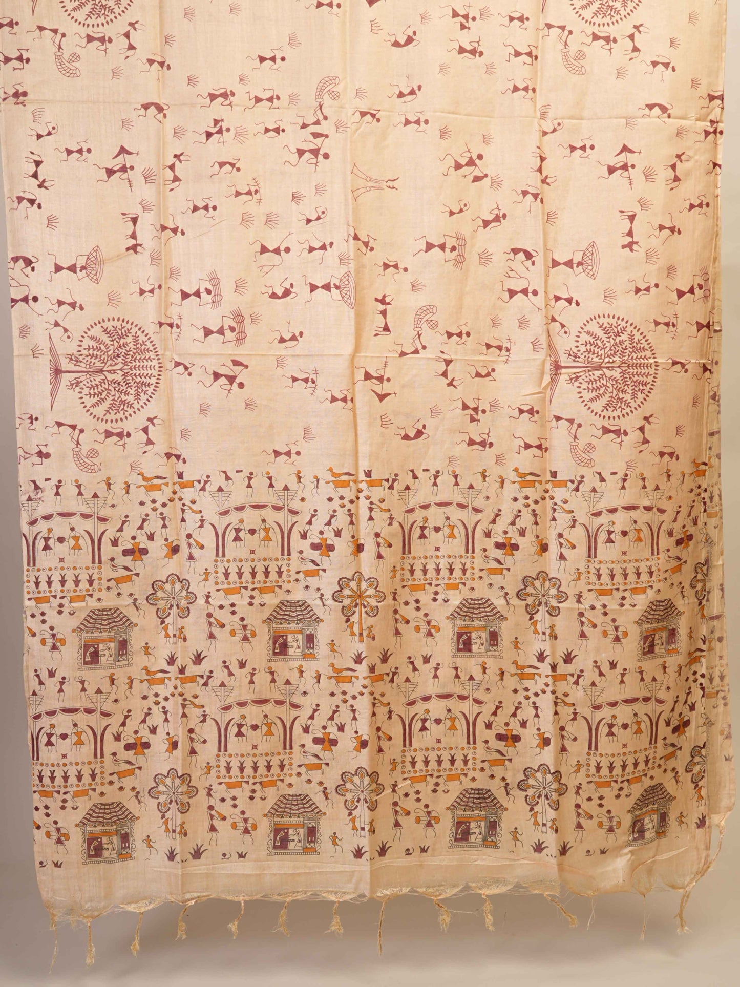 Anuttara Women's Madhubani Beige Katan Staple Trible Kurta, Bottom & Dupatta Set (Unstitched)_AFK1027-FS