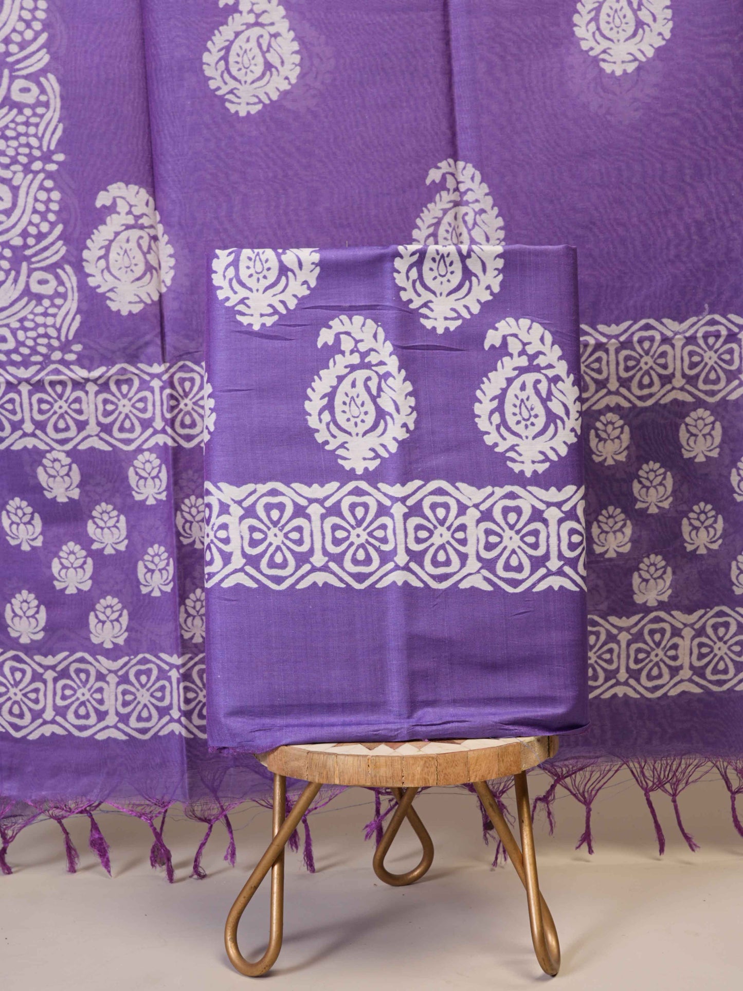 Anuttara Women's Bhagalpuri Purple::White Katan Staple Floral, Paisley Kurta, Bottom & Dupatta Set (Unstitched)_AFK1039-FS