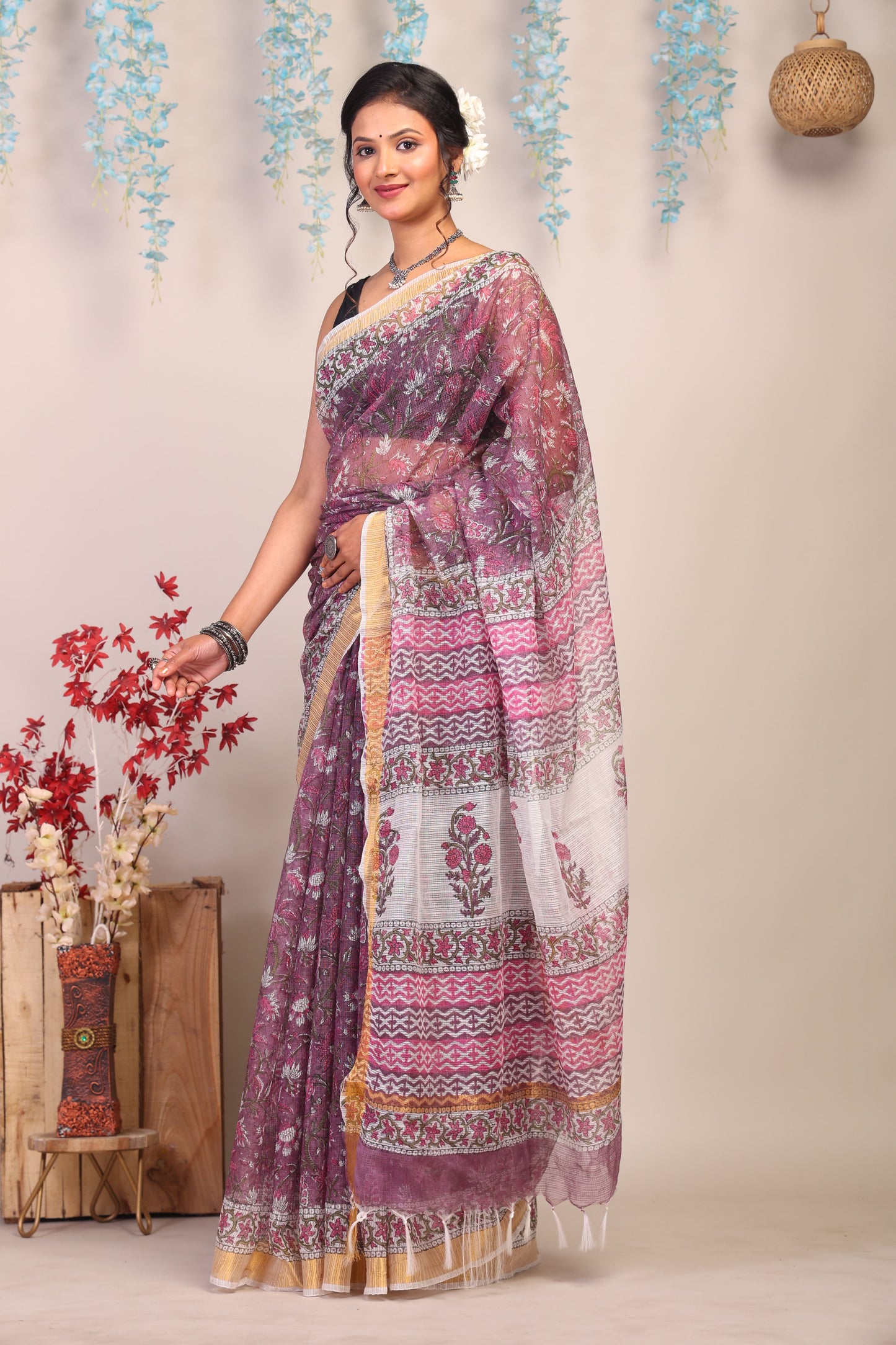 Anuttara Bhagalpuri Light Wine Kota Cotton Hand Block Saree with Blouse_AFS1002-FS