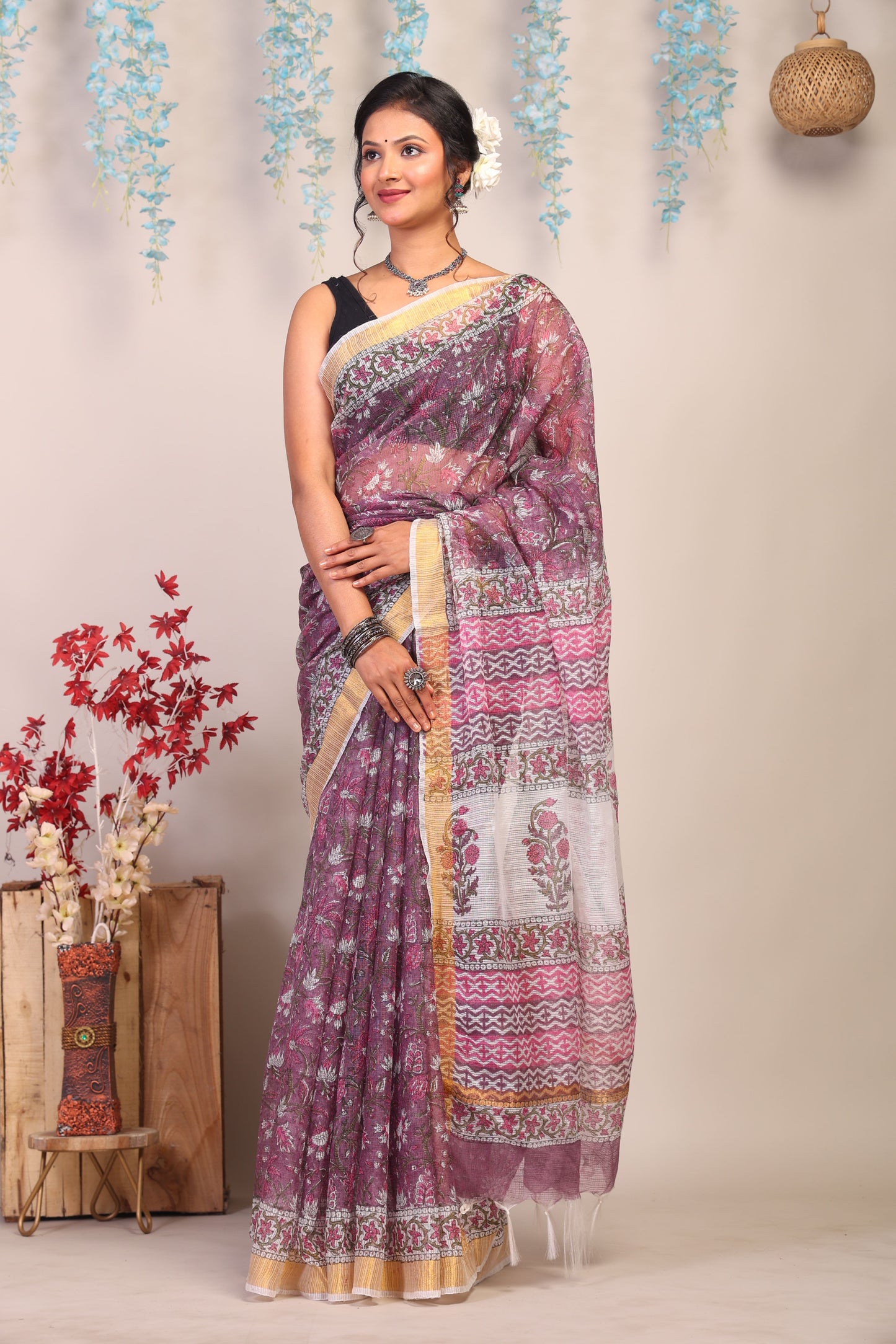 Anuttara Bhagalpuri Light Wine Kota Cotton Hand Block Saree with Blouse_AFS1002-FS