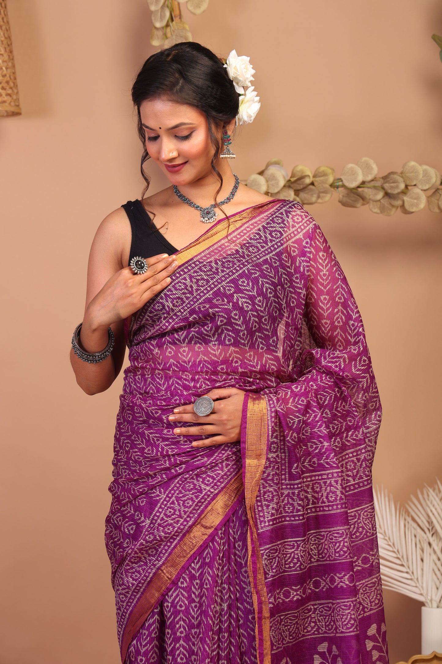 Anuttara Bhagalpuri Purple Kota Cotton Hand Block Saree with Blouse_AFS1003-FS