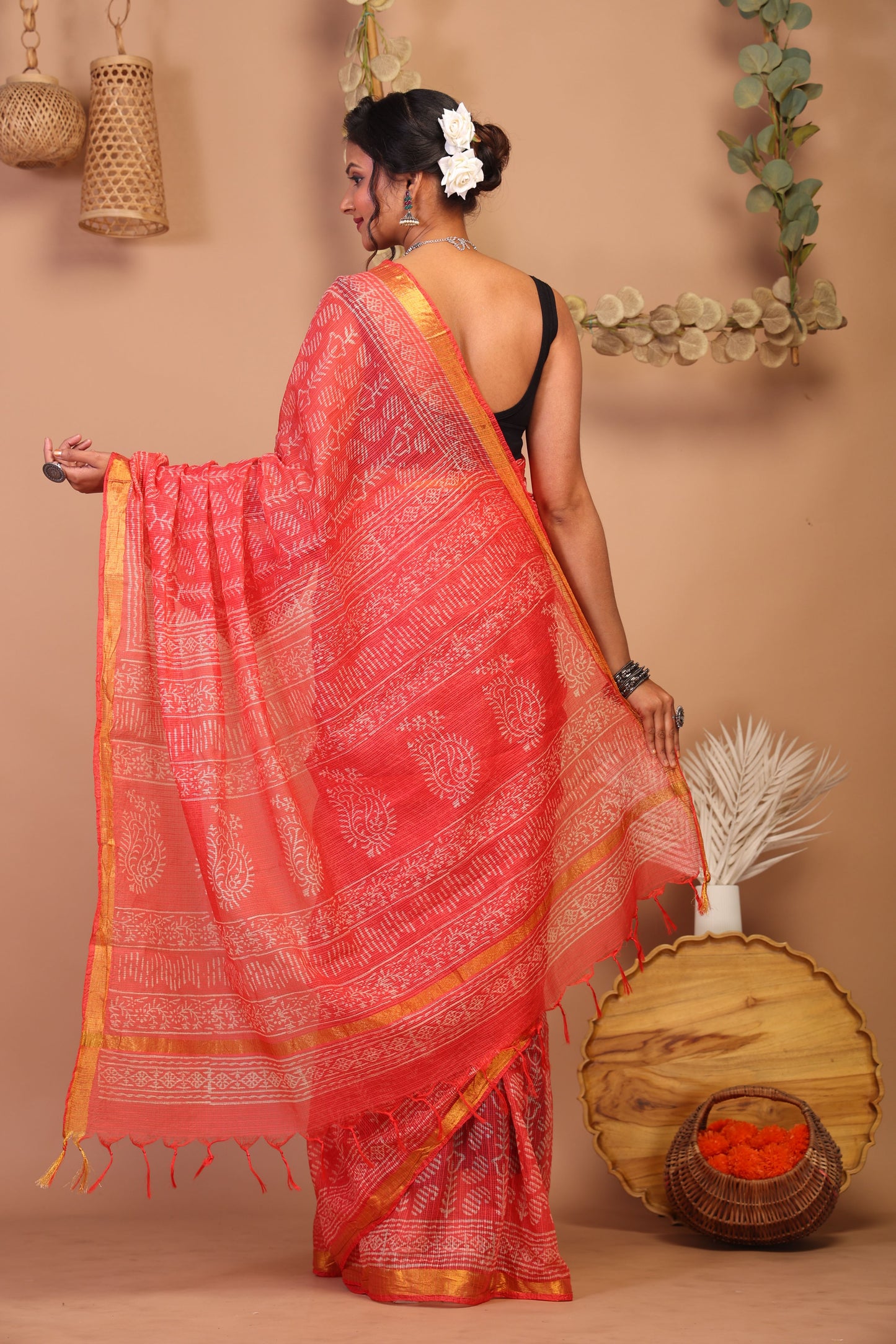 Anuttara Bhagalpuri Red Kota Cotton Hand Block Saree with Blouse_AFS1006-FS