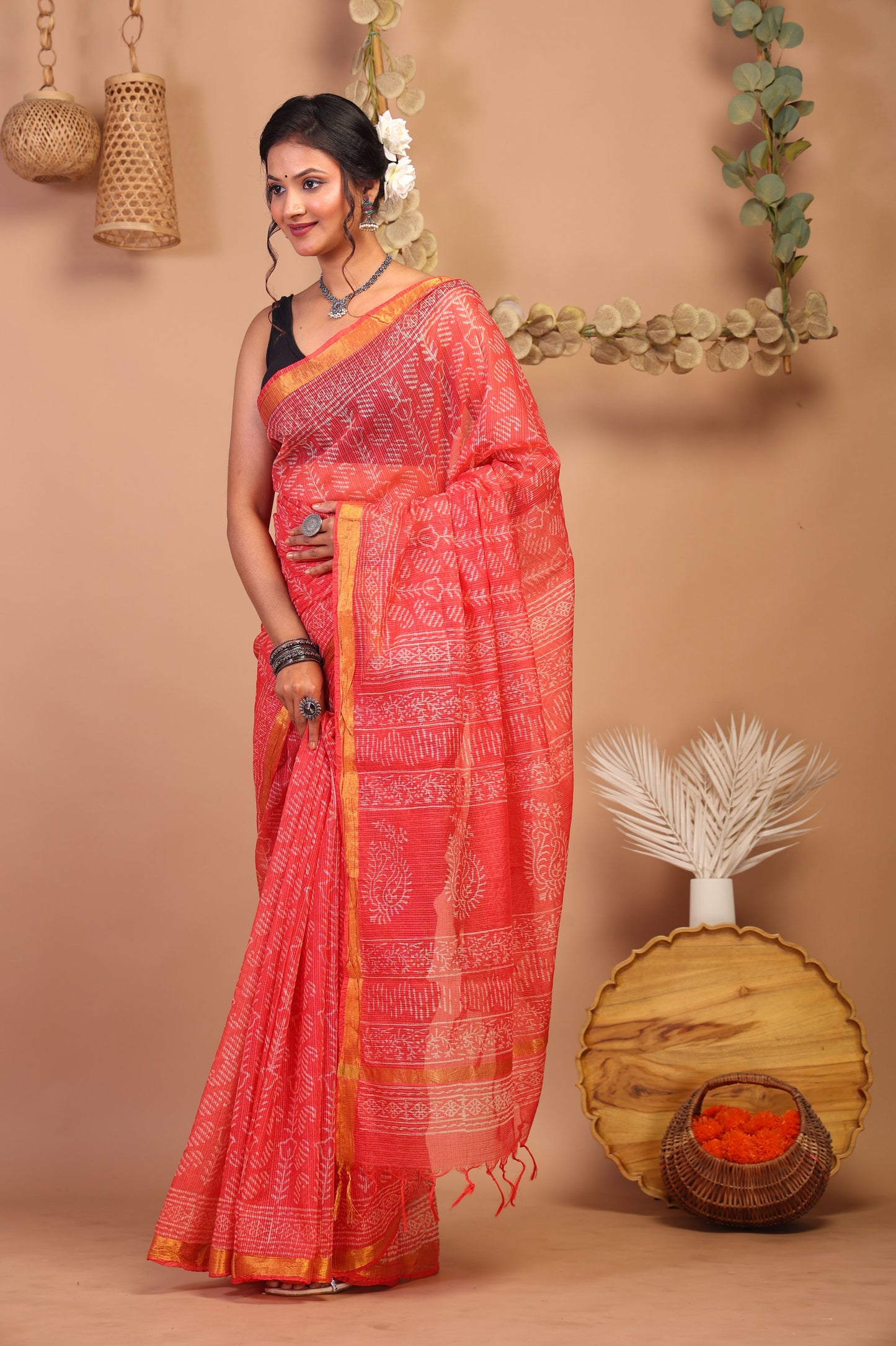 Anuttara Bhagalpuri Red Kota Cotton Hand Block Saree with Blouse_AFS1006-FS