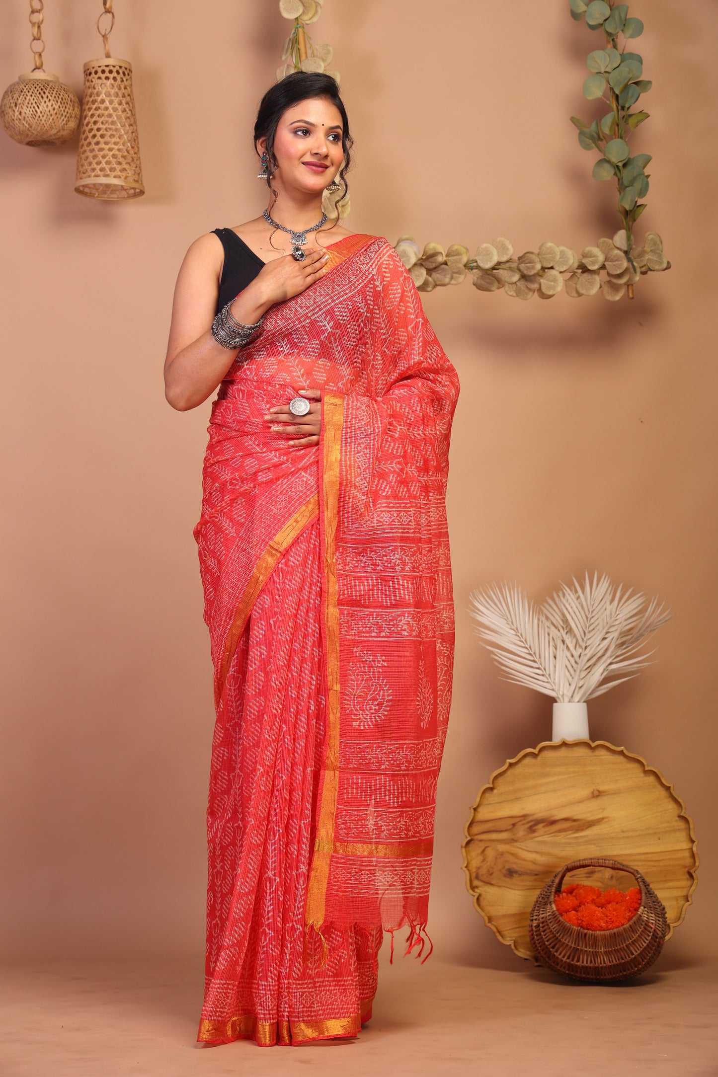 Anuttara Bhagalpuri Red Kota Cotton Hand Block Saree with Blouse_AFS1006-FS