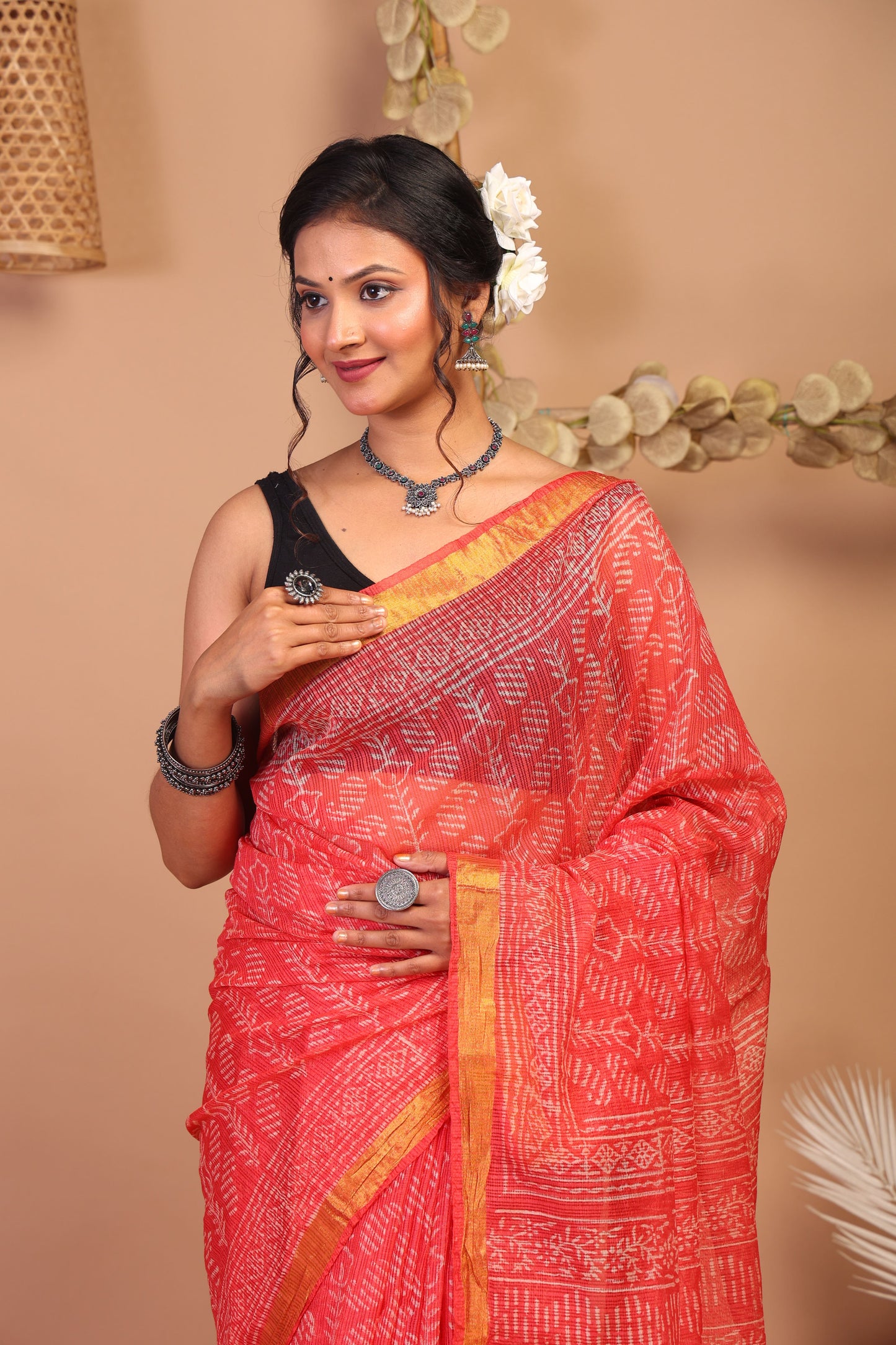 Anuttara Bhagalpuri Red Kota Cotton Hand Block Saree with Blouse_AFS1006-FS