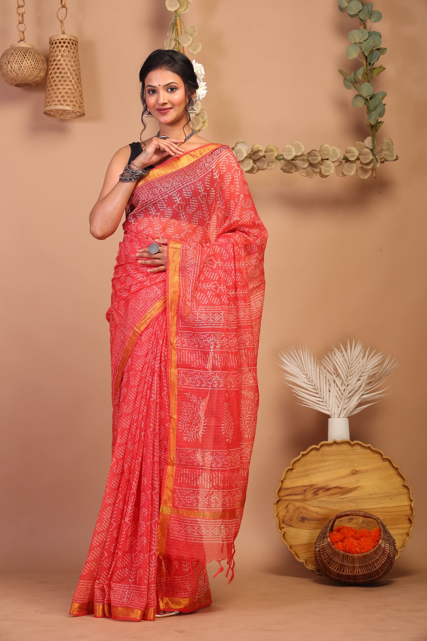 Anuttara Bhagalpuri Red Kota Cotton Hand Block Saree with Blouse_AFS1006-FS