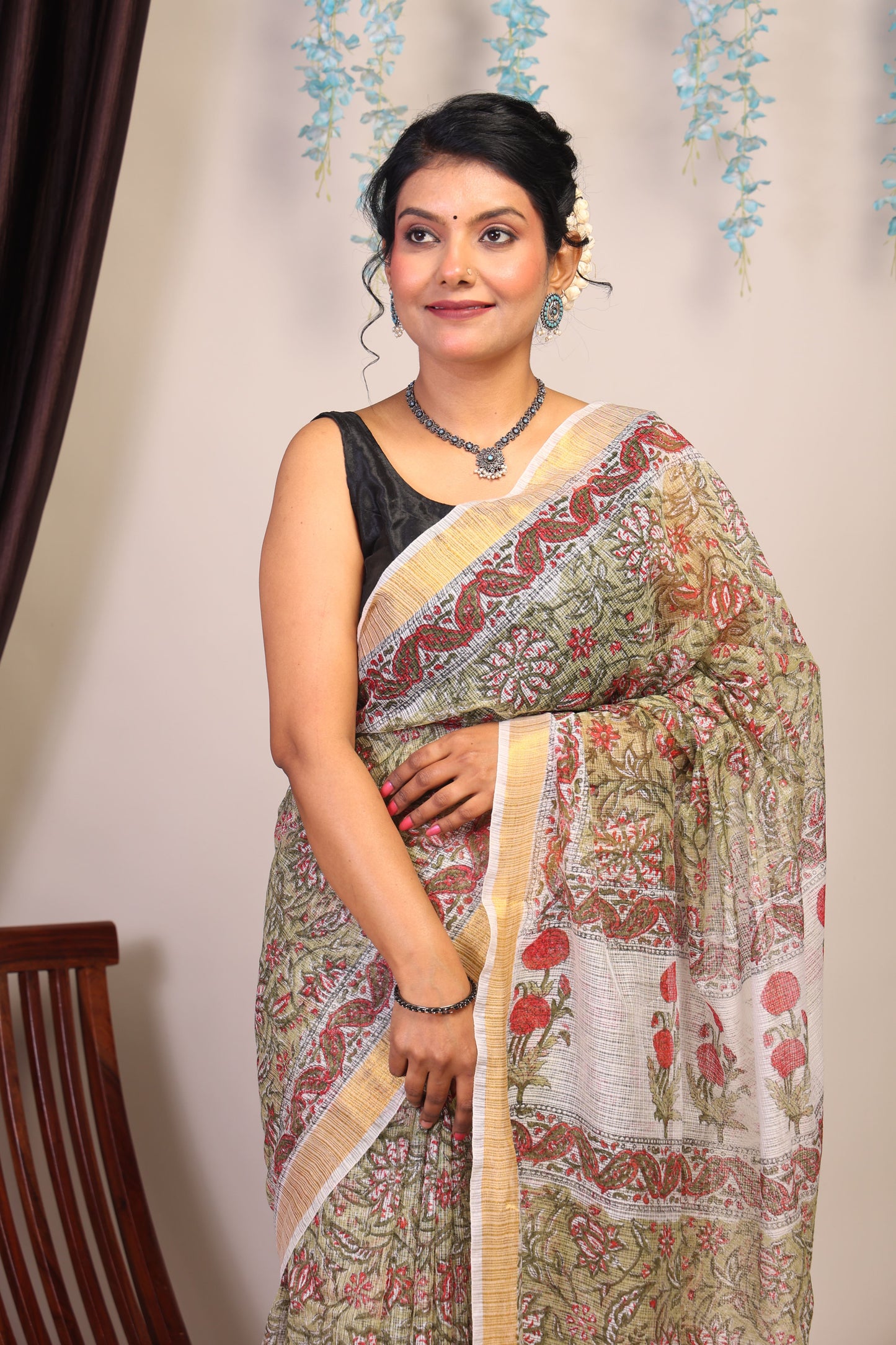 Anuttara Bhagalpuri Olive Green Kota Cotton Hand Block Saree with Blouse_AFS1007-FS