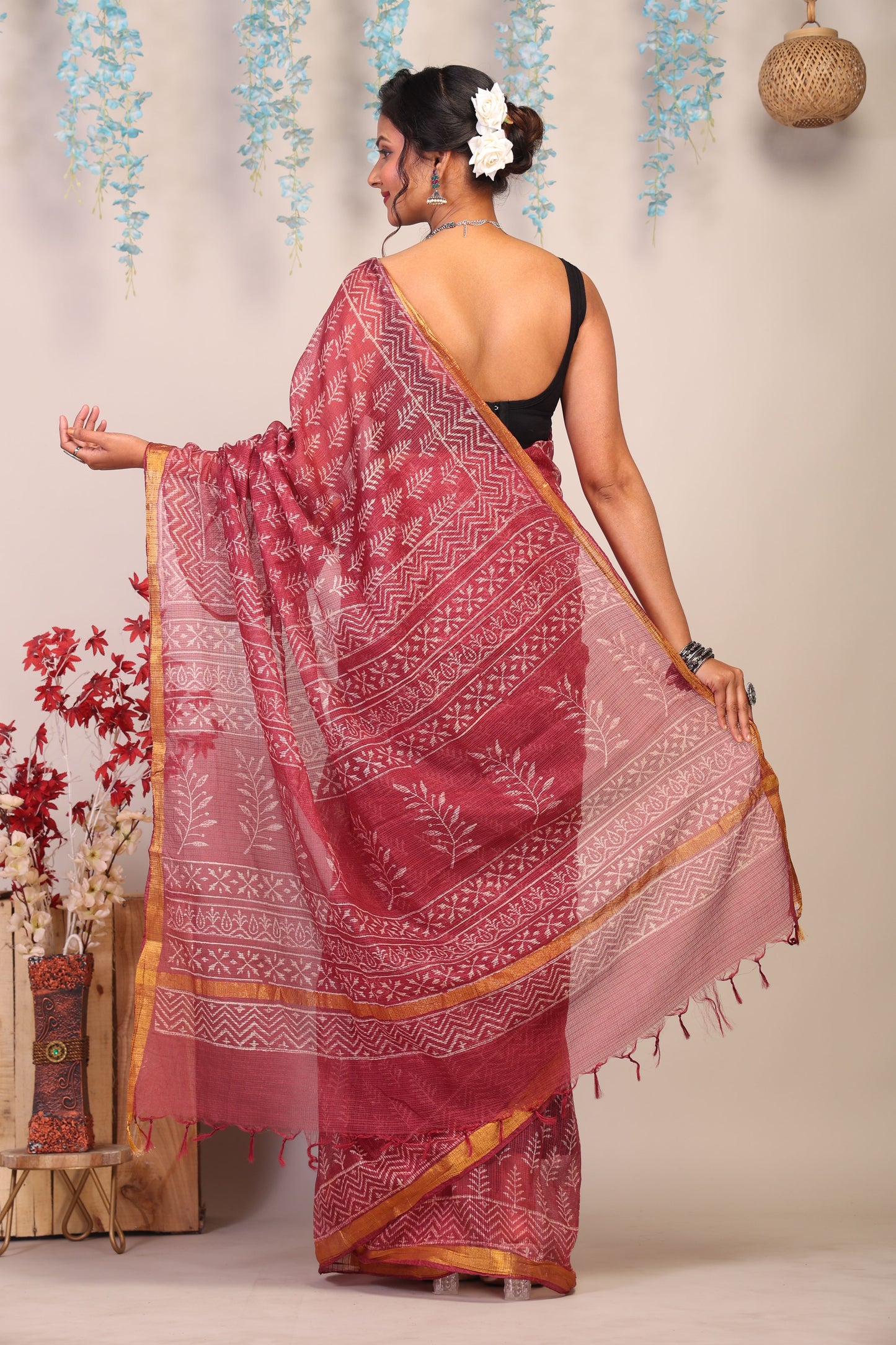Anuttara Bhagalpuri Maroon Kota Cotton Hand Block Saree with Blouse_AFS1011-FS