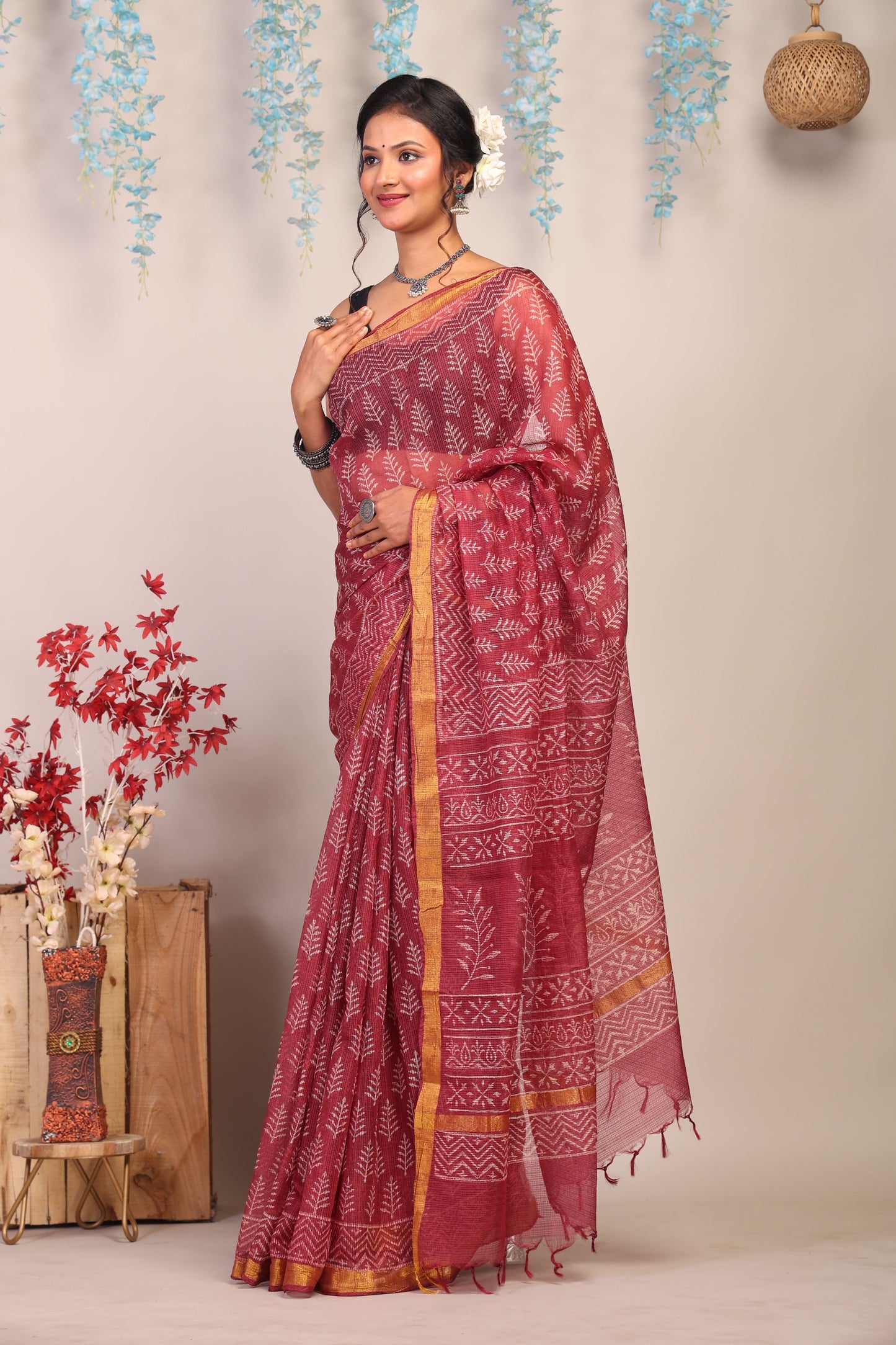 Anuttara Bhagalpuri Maroon Kota Cotton Hand Block Saree with Blouse_AFS1011-FS