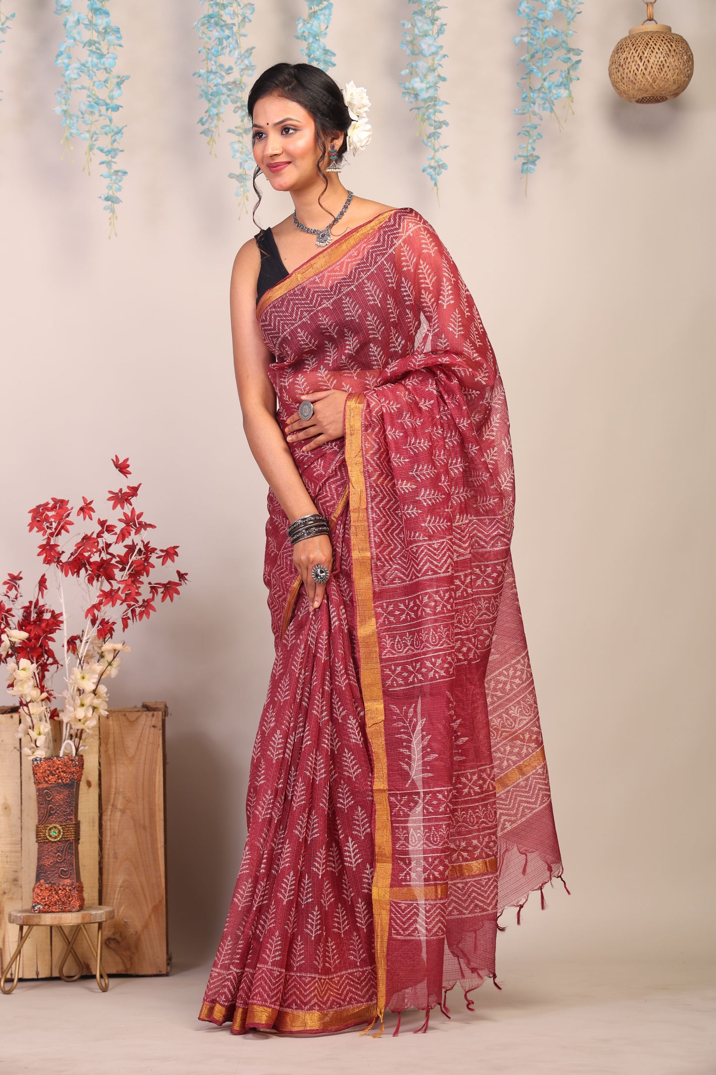 Anuttara Bhagalpuri Maroon Kota Cotton Hand Block Saree with Blouse_AFS1011-FS