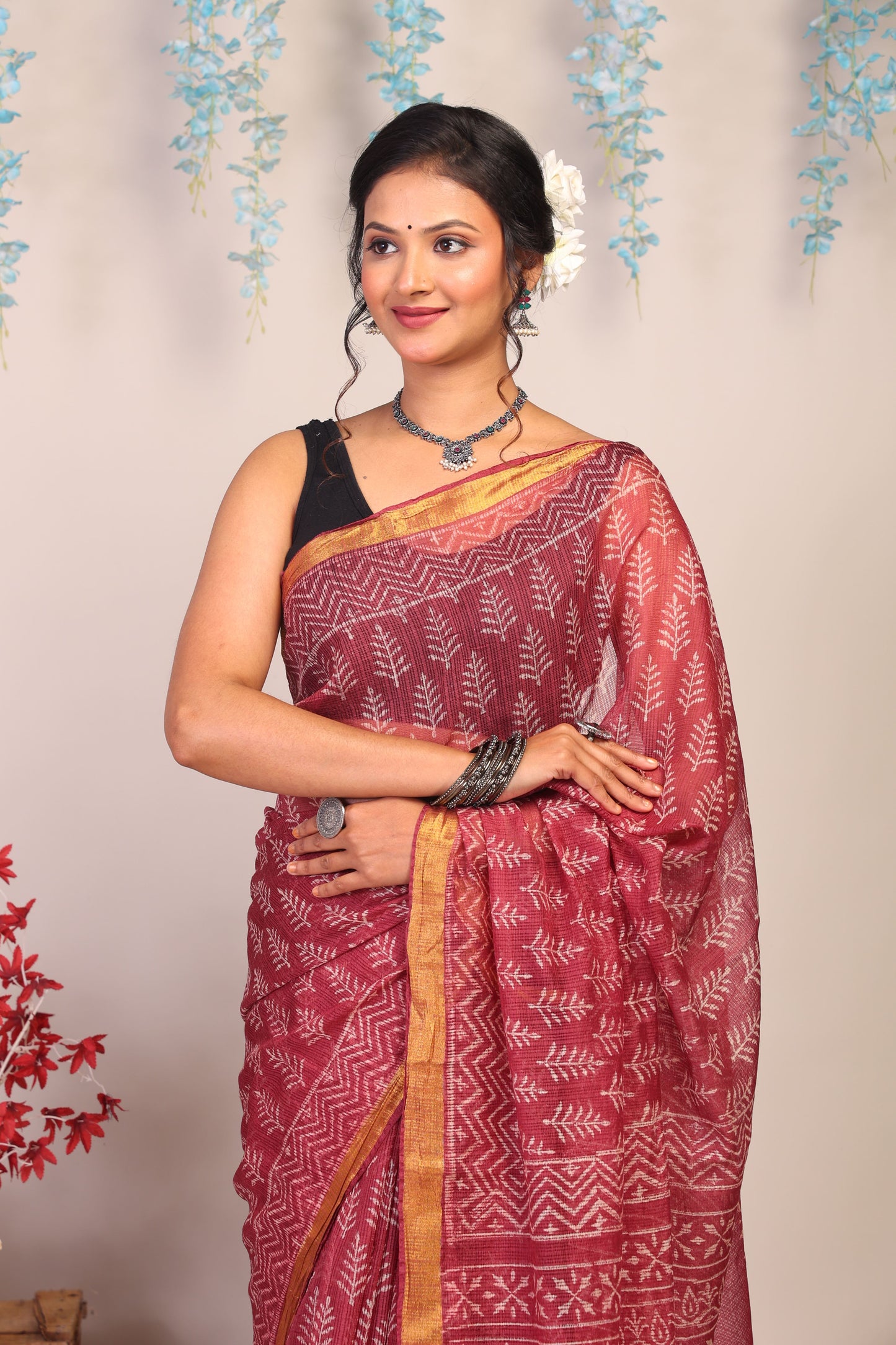 Anuttara Bhagalpuri Maroon Kota Cotton Hand Block Saree with Blouse_AFS1011-FS
