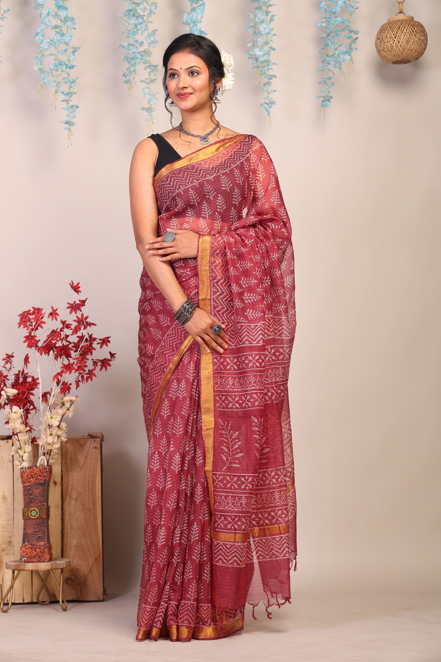 Anuttara Bhagalpuri Maroon Kota Cotton Hand Block Saree with Blouse_AFS1011-FS