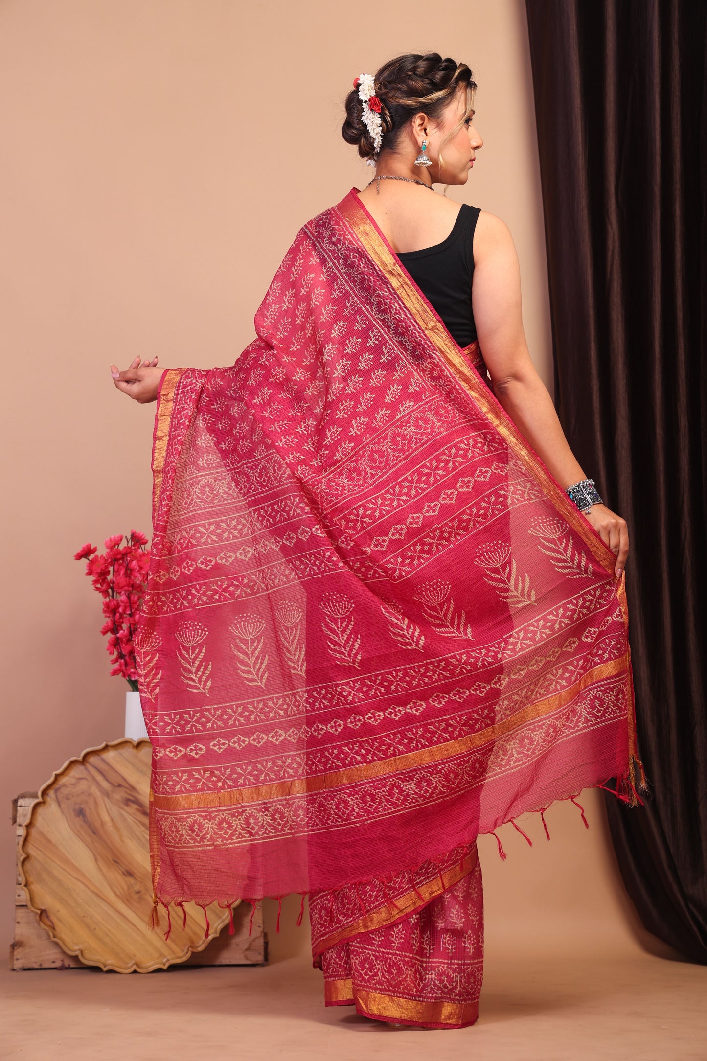 Anuttara Bhagalpuri Rouge Pink Kota Cotton Hand Block Saree with Blouse_AFS1013-FS