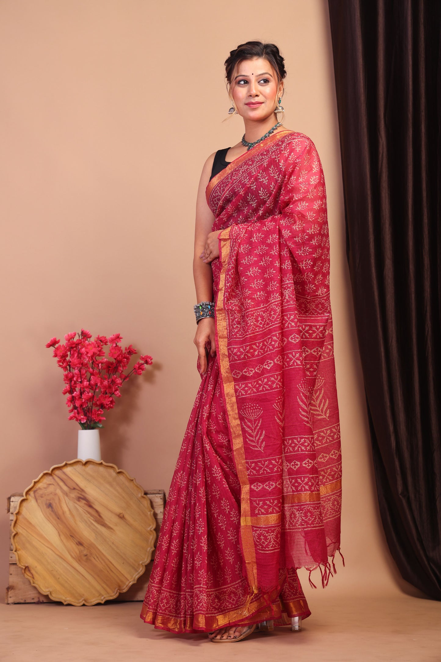 Anuttara Bhagalpuri Rouge Pink Kota Cotton Hand Block Saree with Blouse_AFS1013-FS