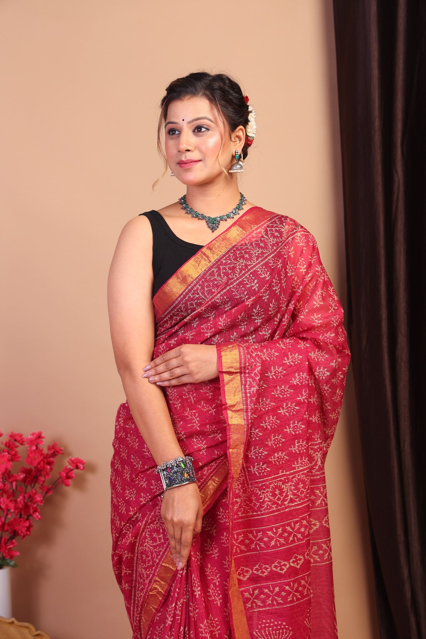 Anuttara Bhagalpuri Rouge Pink Kota Cotton Hand Block Saree with Blouse_AFS1013-FS