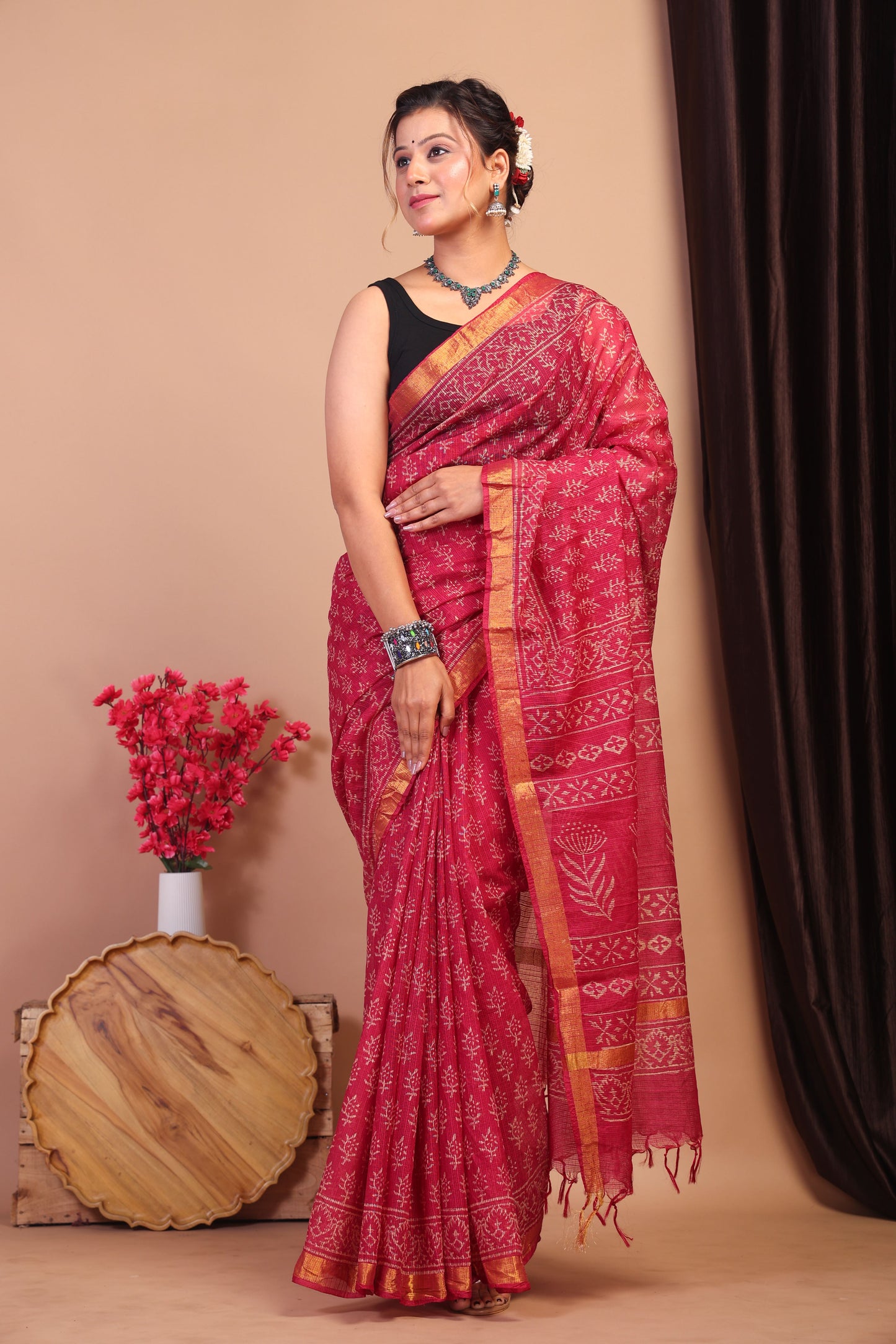Anuttara Bhagalpuri Rouge Pink Kota Cotton Hand Block Saree with Blouse_AFS1013-FS
