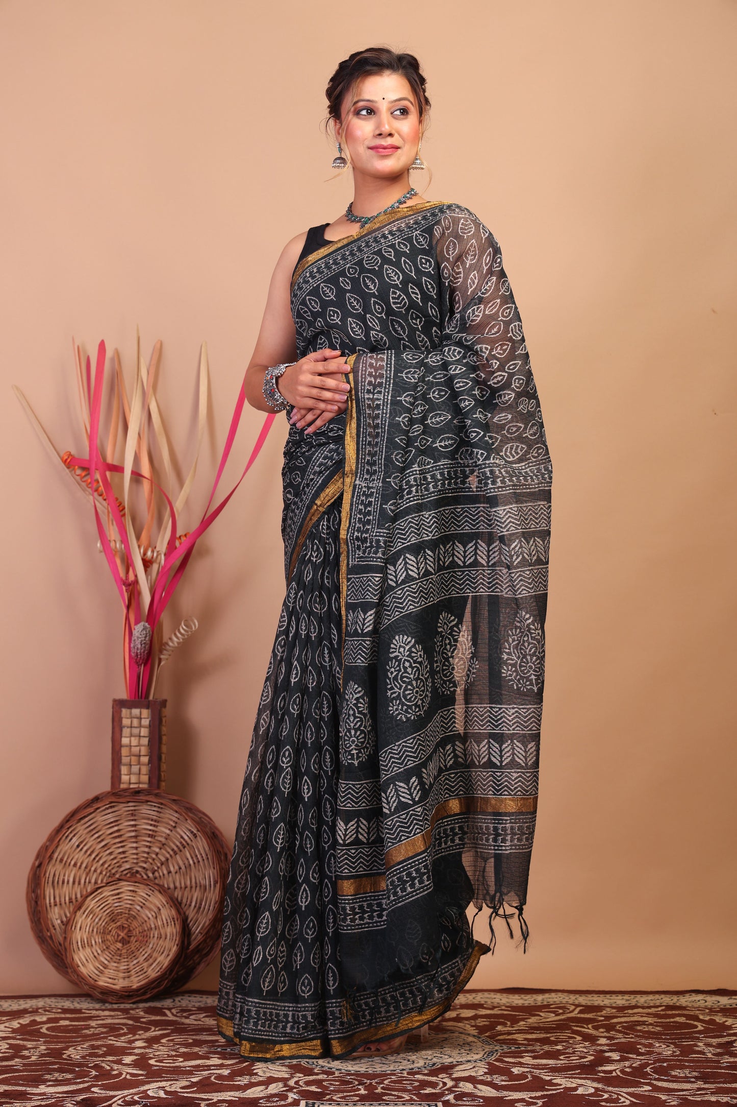 Anuttara Bhagalpuri Black Kota Cotton Hand Block Saree with Blouse_AFS1014-FS
