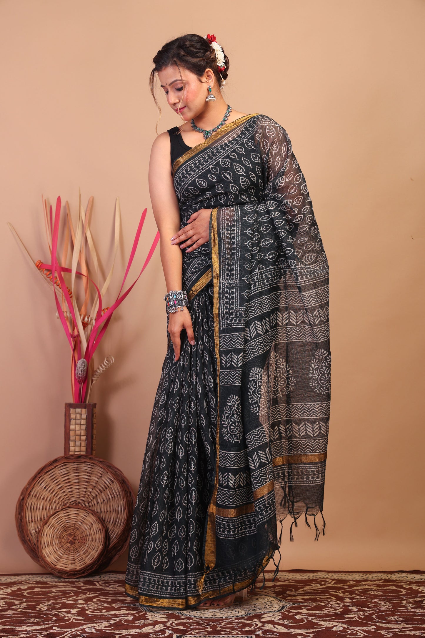 Anuttara Bhagalpuri Black Kota Cotton Hand Block Saree with Blouse_AFS1014-FS