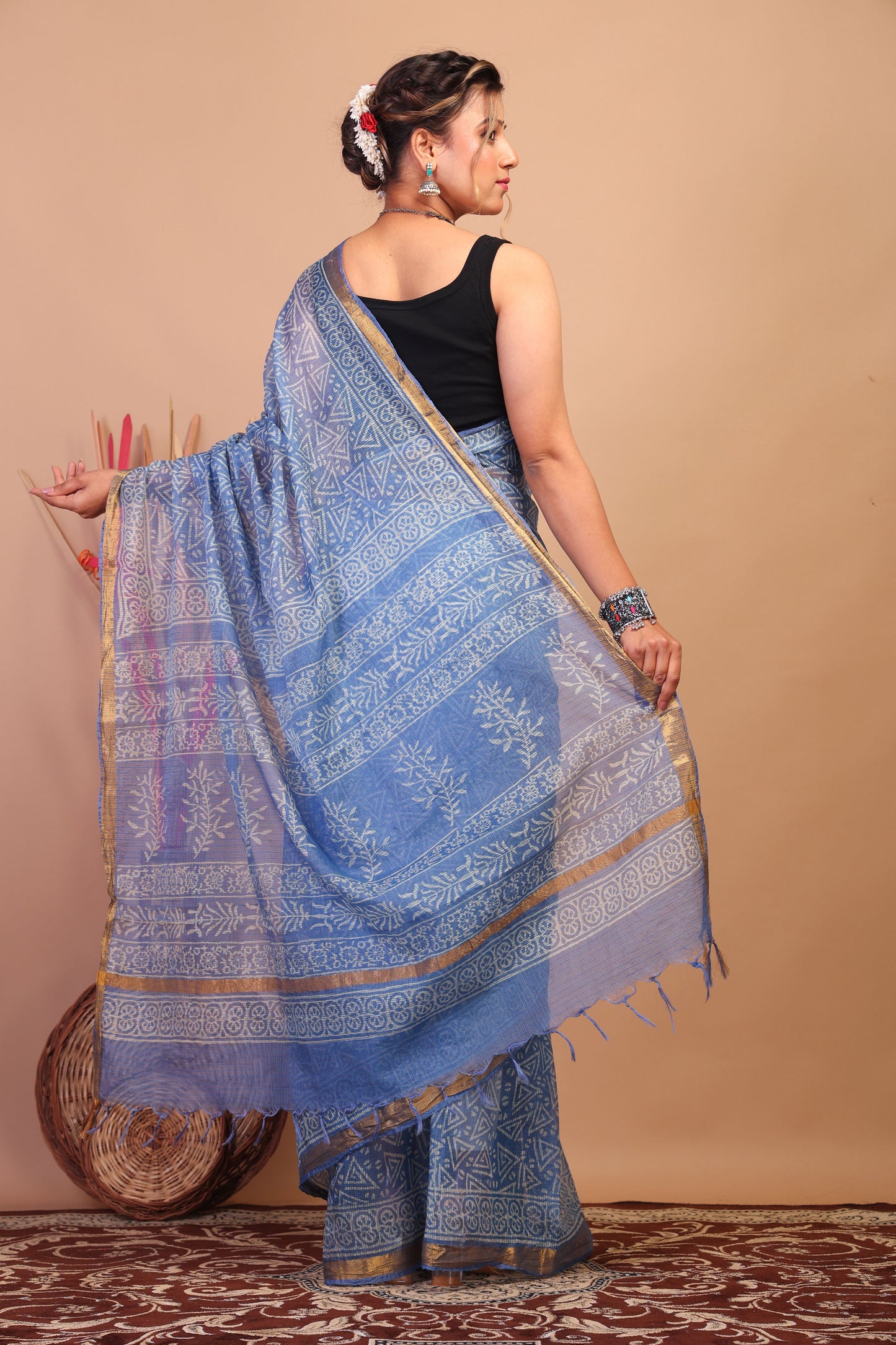 Anuttara Bhagalpuri Light Blue Kota Cotton Hand Block Saree with Blouse_AFS1019-FS