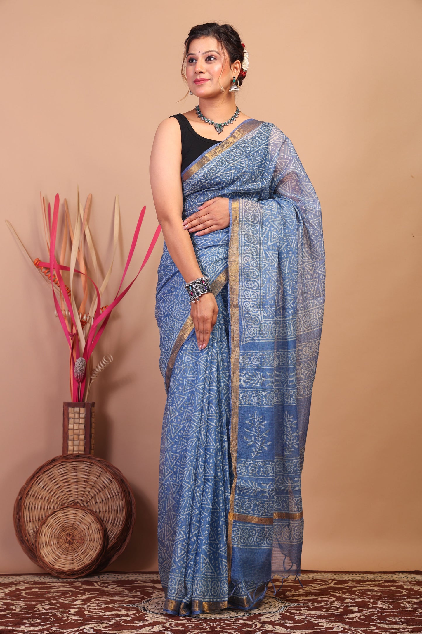 Anuttara Bhagalpuri Light Blue Kota Cotton Hand Block Saree with Blouse_AFS1019-FS