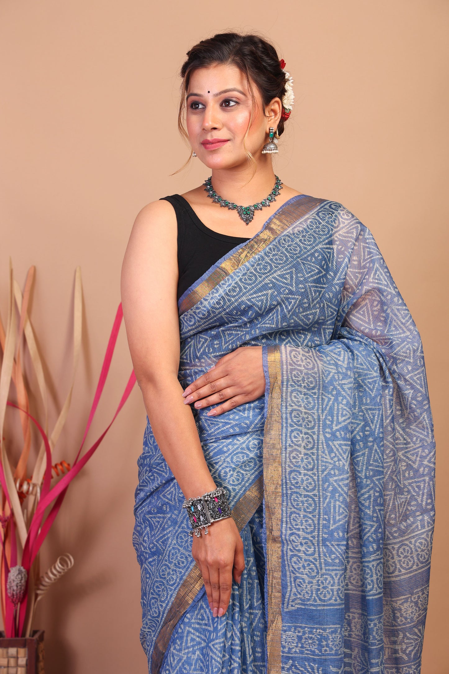 Anuttara Bhagalpuri Light Blue Kota Cotton Hand Block Saree with Blouse_AFS1019-FS