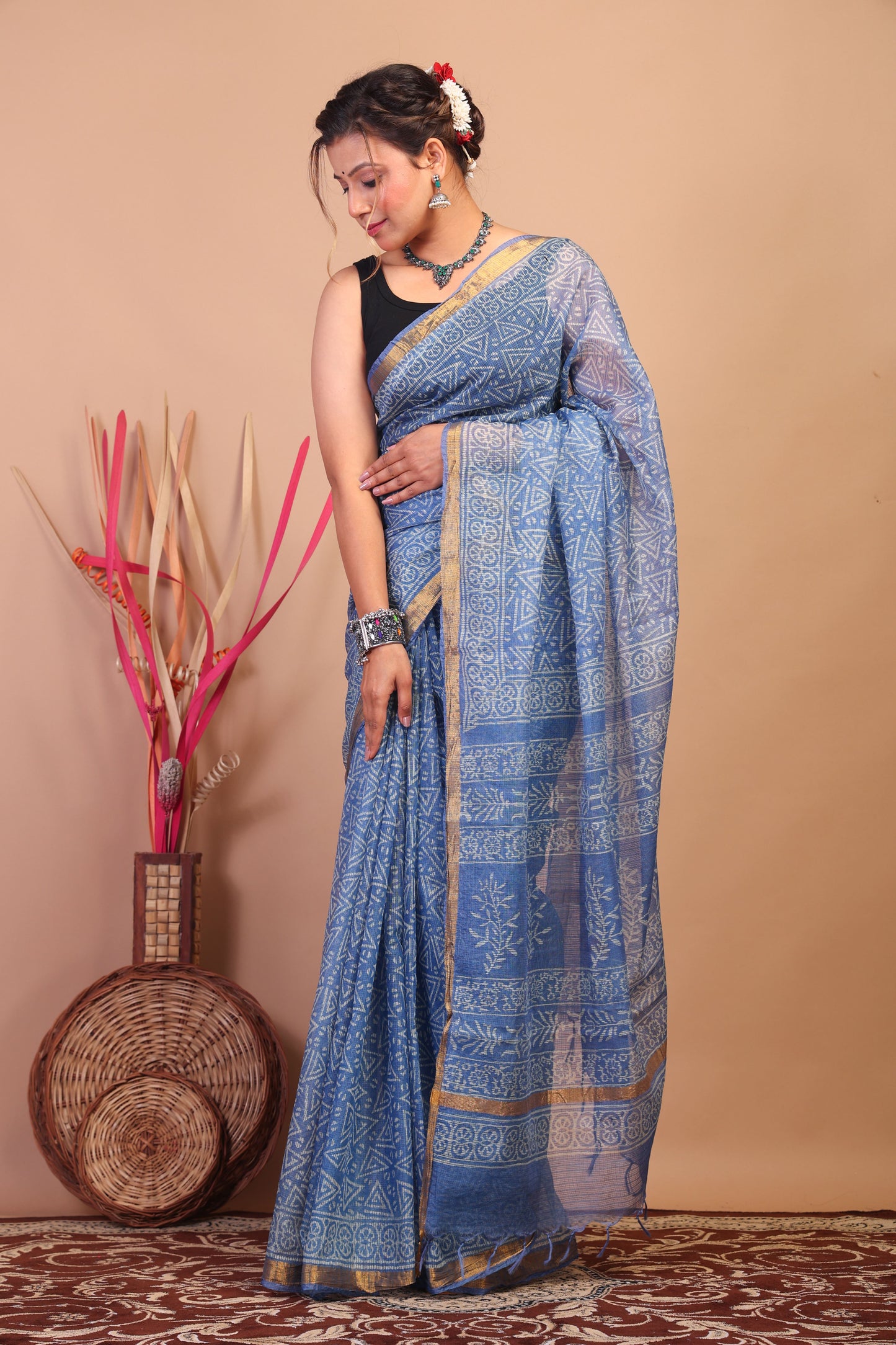 Anuttara Bhagalpuri Light Blue Kota Cotton Hand Block Saree with Blouse_AFS1019-FS