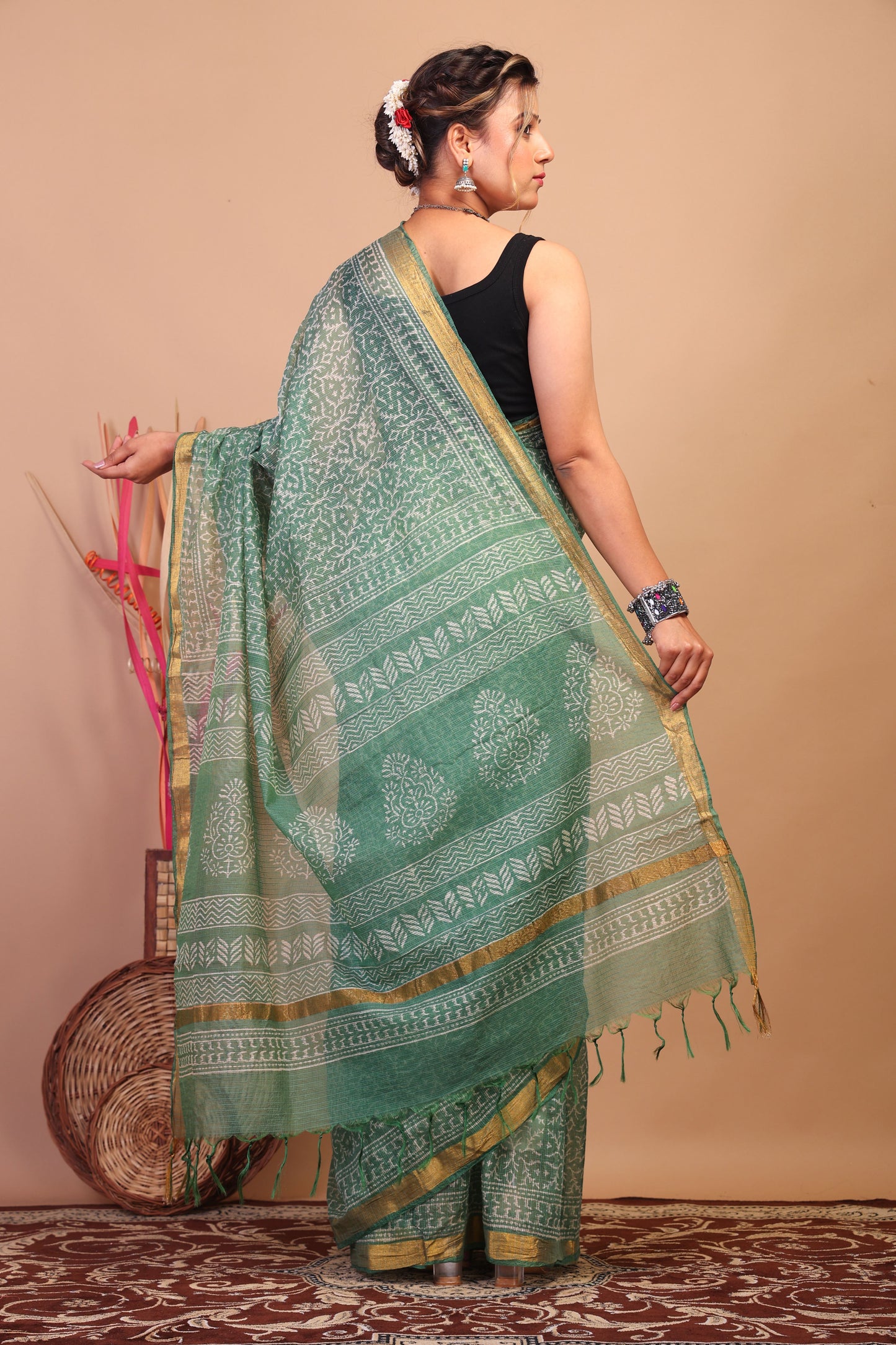 Anuttara Bhagalpuri Green Kota Cotton Hand Block Saree with Blouse_AFS1020-FS