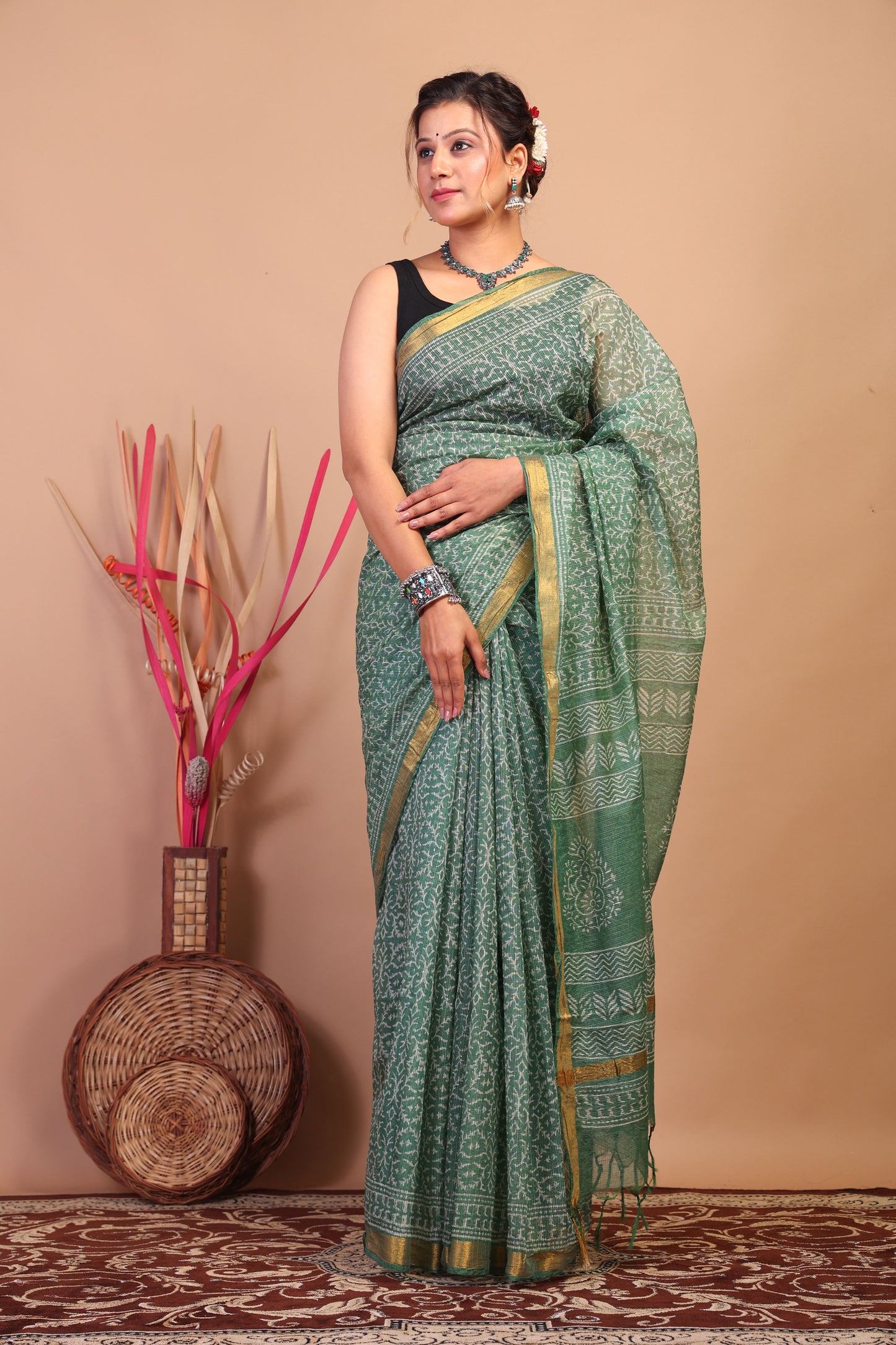 Anuttara Bhagalpuri Green Kota Cotton Hand Block Saree with Blouse_AFS1020-FS