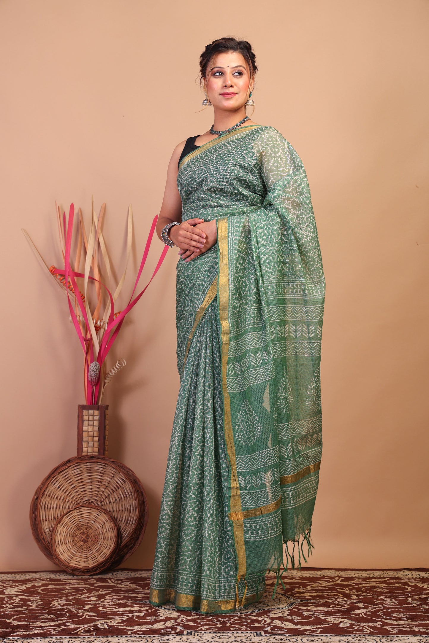Anuttara Bhagalpuri Green Kota Cotton Hand Block Saree with Blouse_AFS1020-FS