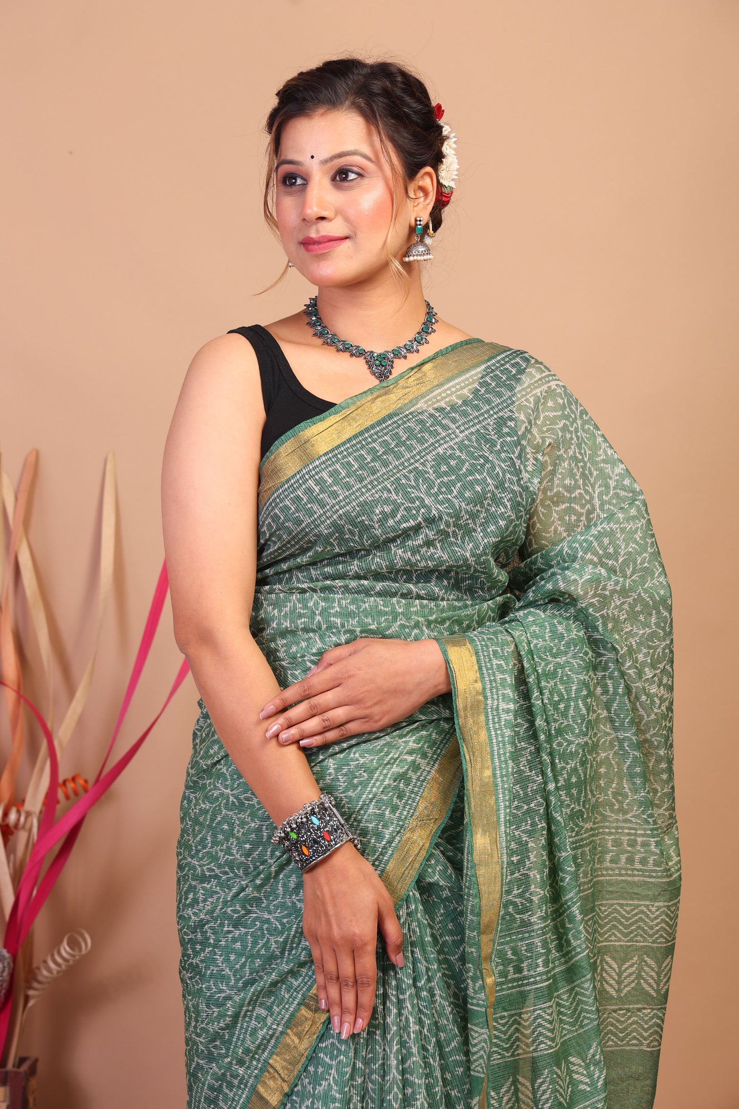 Anuttara Bhagalpuri Green Kota Cotton Hand Block Saree with Blouse_AFS1020-FS
