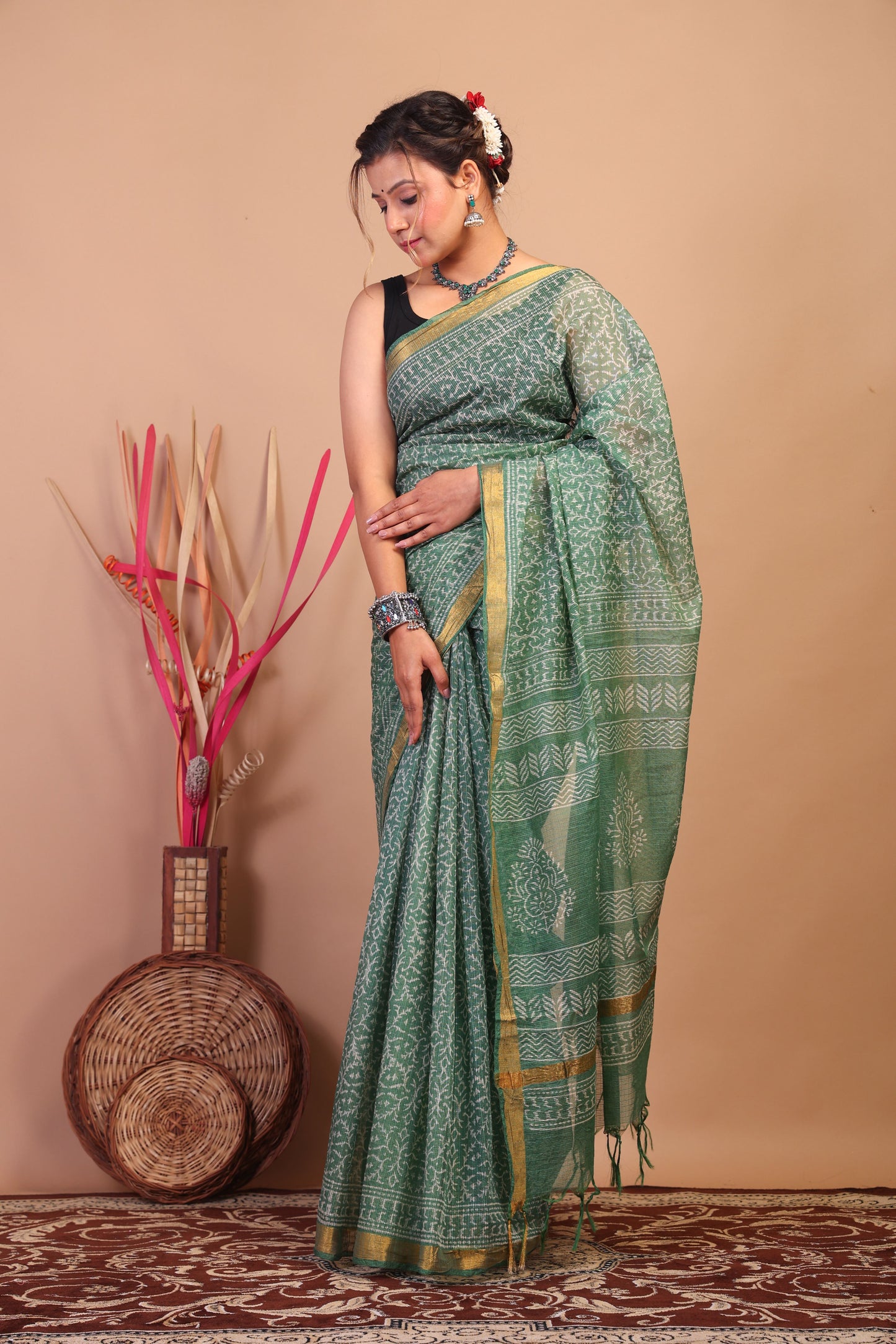 Anuttara Bhagalpuri Green Kota Cotton Hand Block Saree with Blouse_AFS1020-FS