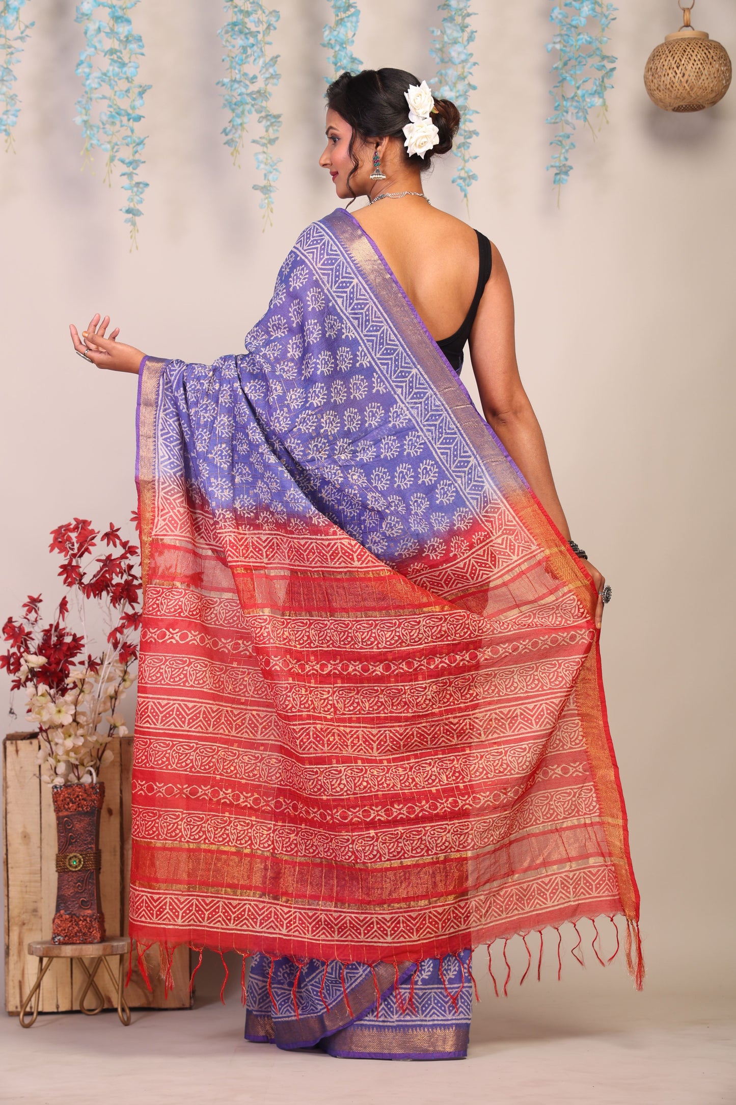 Anuttara Bhagalpuri Blue & Red Cotton Silk Floral Saree with Unstitched Blouse_AFS1023-FS