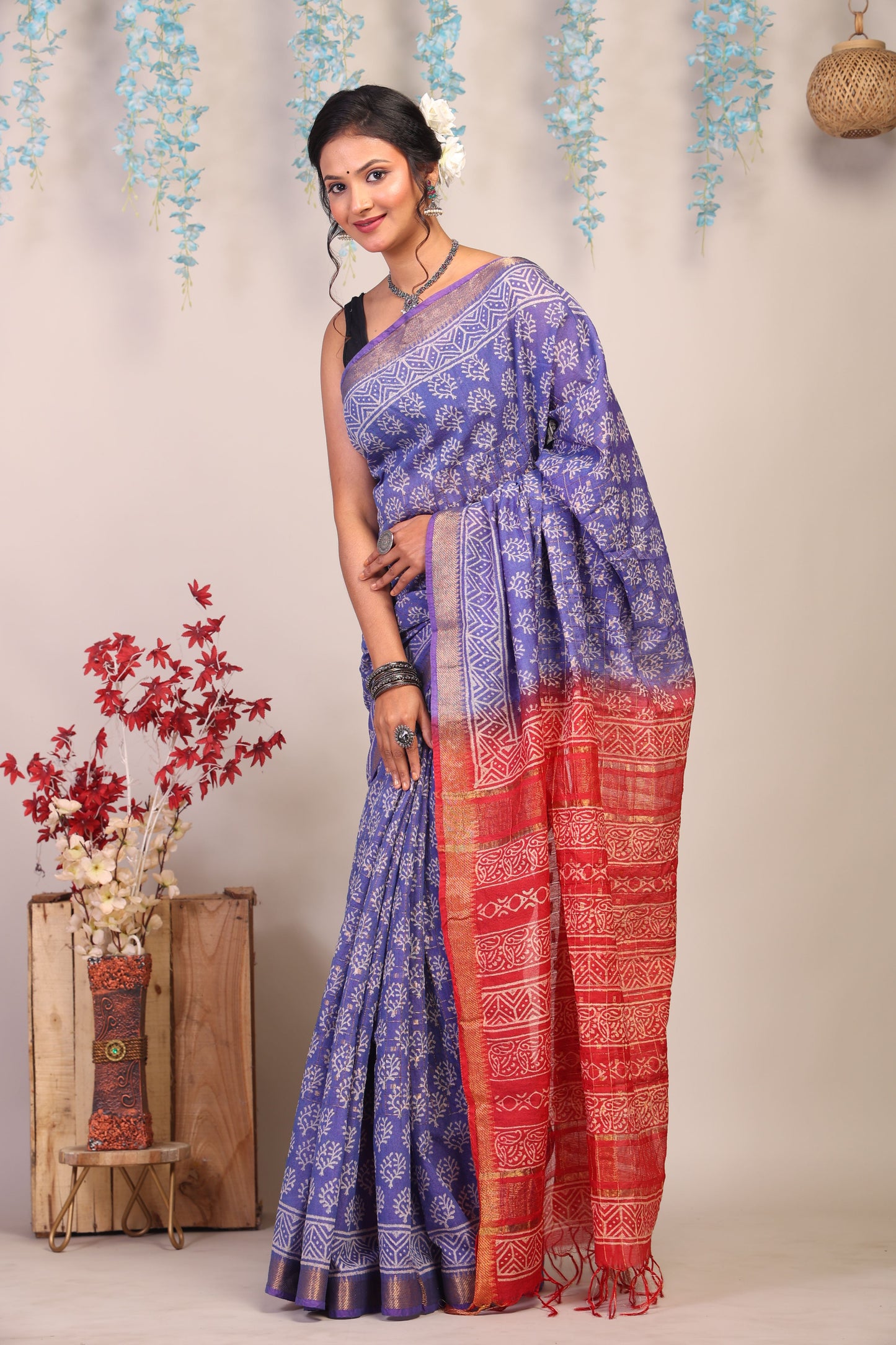 Anuttara Bhagalpuri Blue & Red Cotton Silk Floral Saree with Unstitched Blouse_AFS1023-FS