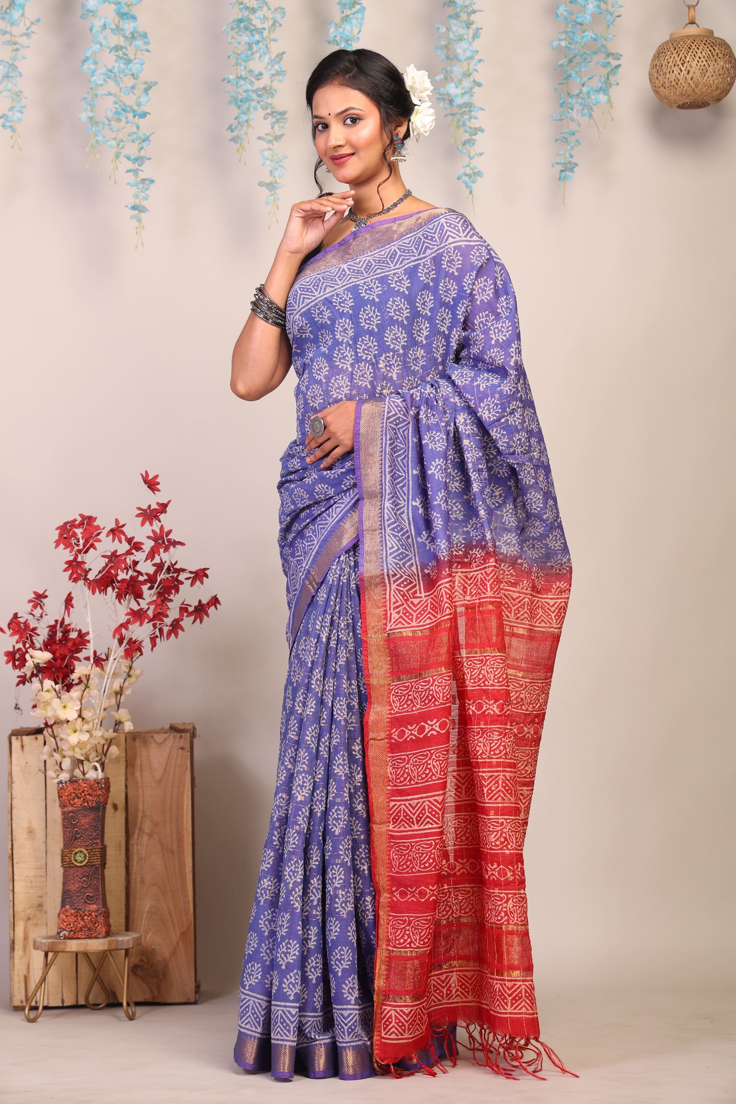 Anuttara Bhagalpuri Blue & Red Cotton Silk Floral Saree with Unstitched Blouse_AFS1023-FS