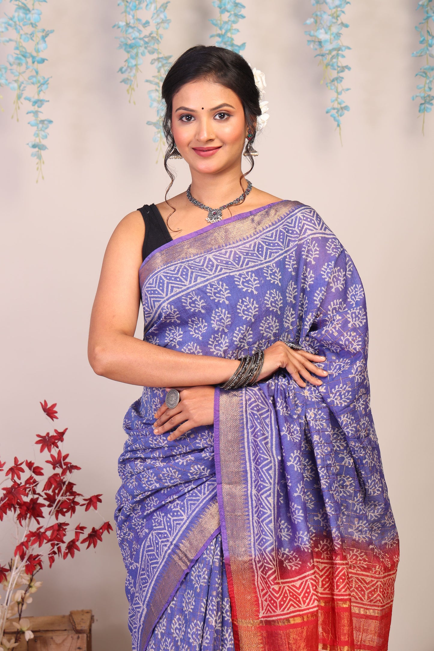 Anuttara Bhagalpuri Blue & Red Cotton Silk Floral Saree with Unstitched Blouse_AFS1023-FS