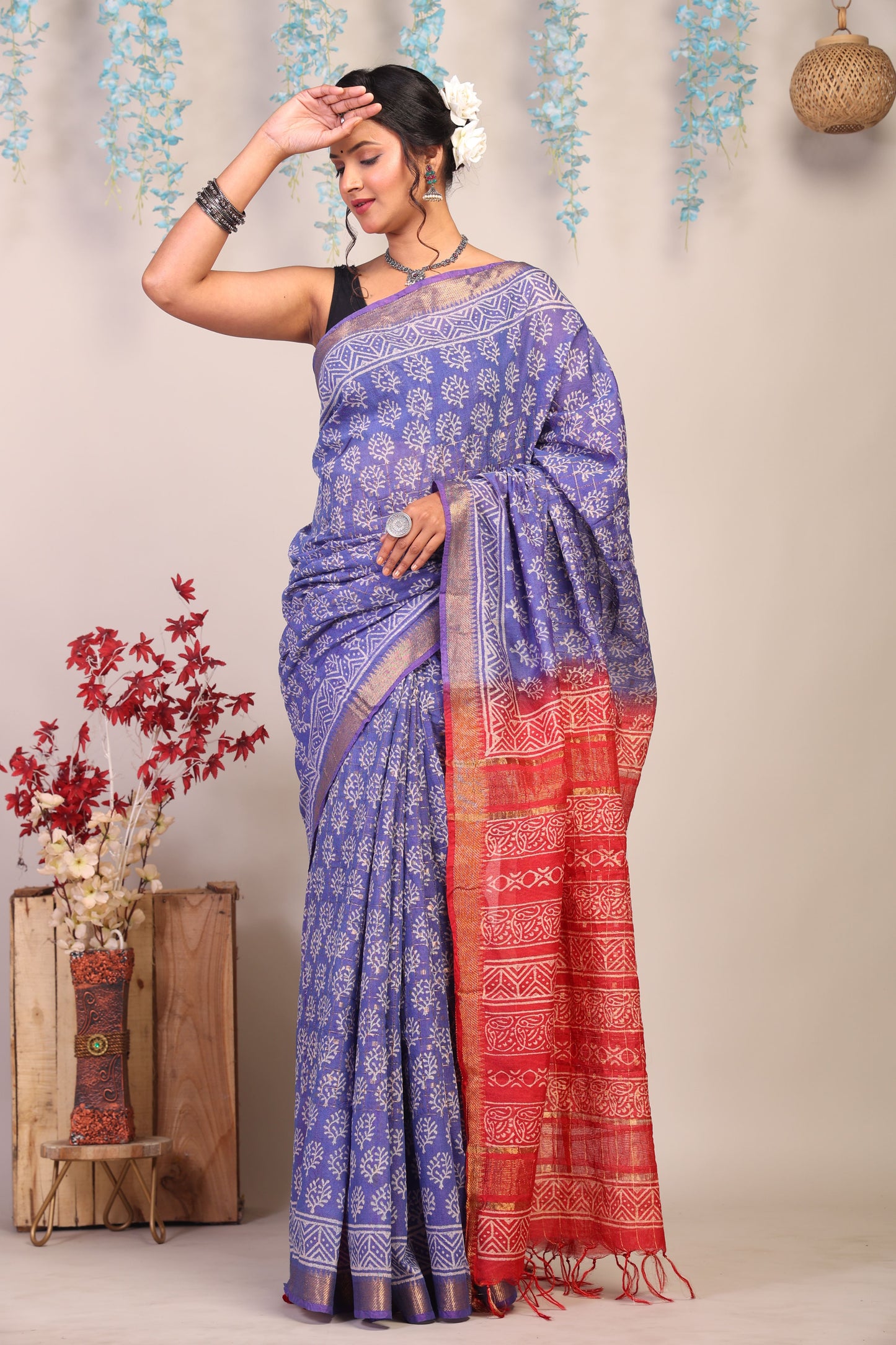 Anuttara Bhagalpuri Blue & Red Cotton Silk Floral Saree with Unstitched Blouse_AFS1023-FS
