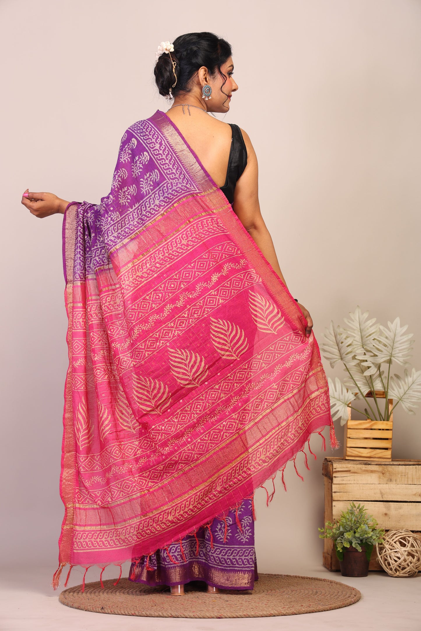 Anuttara Bhagalpuri Purple & Pink Cotton Silk Floral Saree with Unstitched Blouse_AFS1026-FS