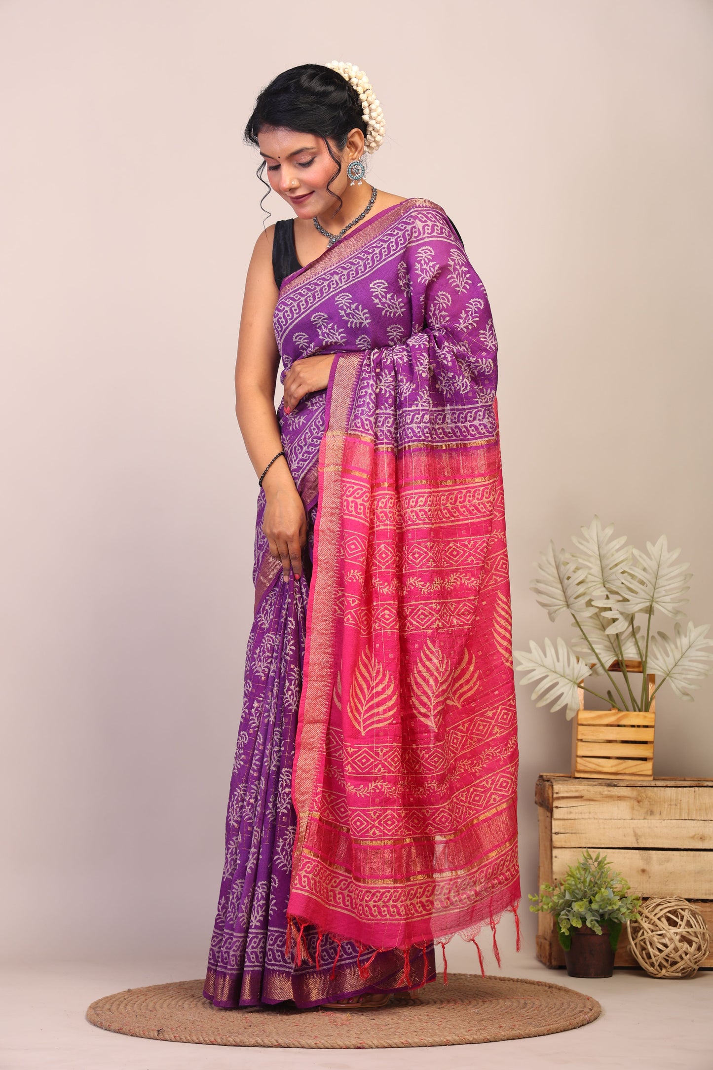Anuttara Bhagalpuri Purple & Pink Cotton Silk Floral Saree with Unstitched Blouse_AFS1026-FS