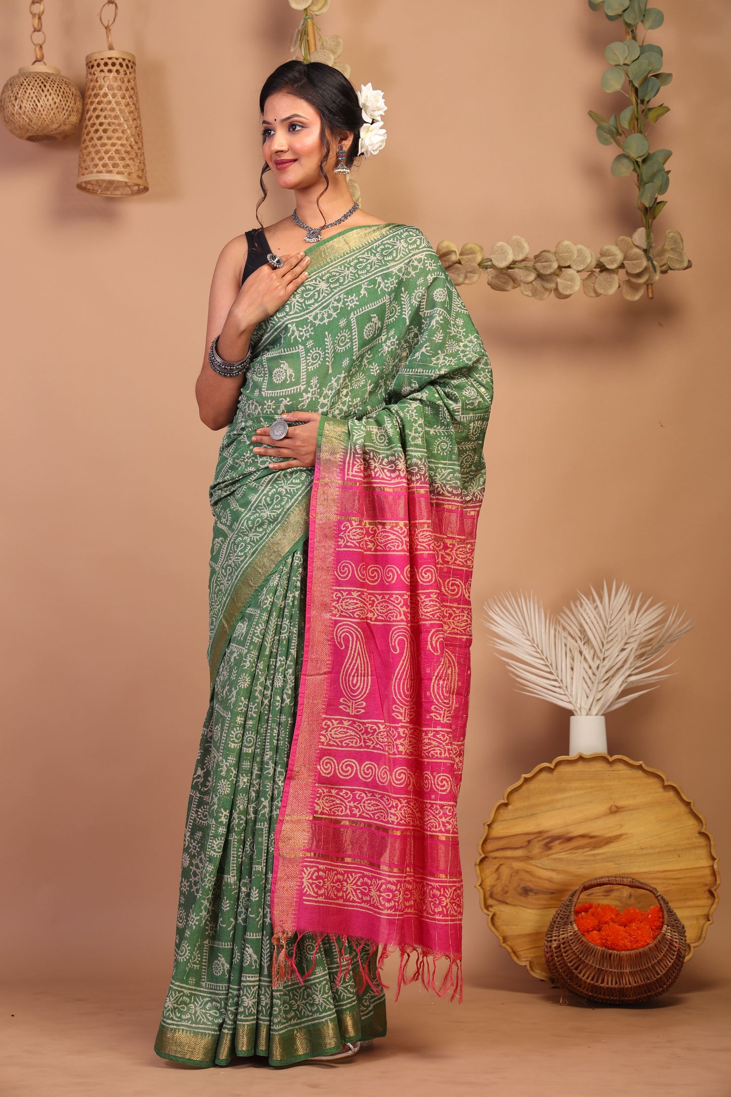 Anuttara Bhagalpuri Green & Pink Cotton Silk Tribal Saree with Unstitched Blouse_AFS1027-FS