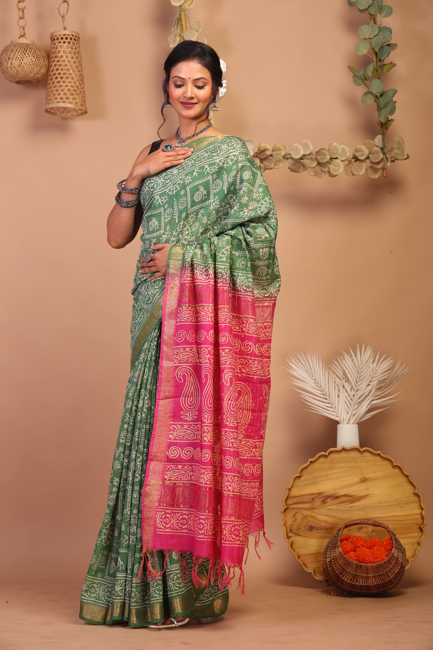 Anuttara Bhagalpuri Green & Pink Cotton Silk Tribal Saree with Unstitched Blouse_AFS1027-FS